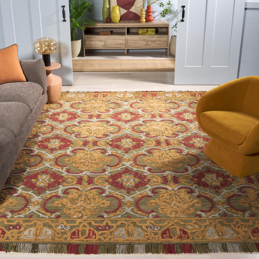 SAFAVIEH Area Rug 8x10 - Blossom Collection - Large - Green & Gold, Handmade Wool, Floral Design, Ideal for Living Room, Bedroom, Office, Dining Space (BLM422B)