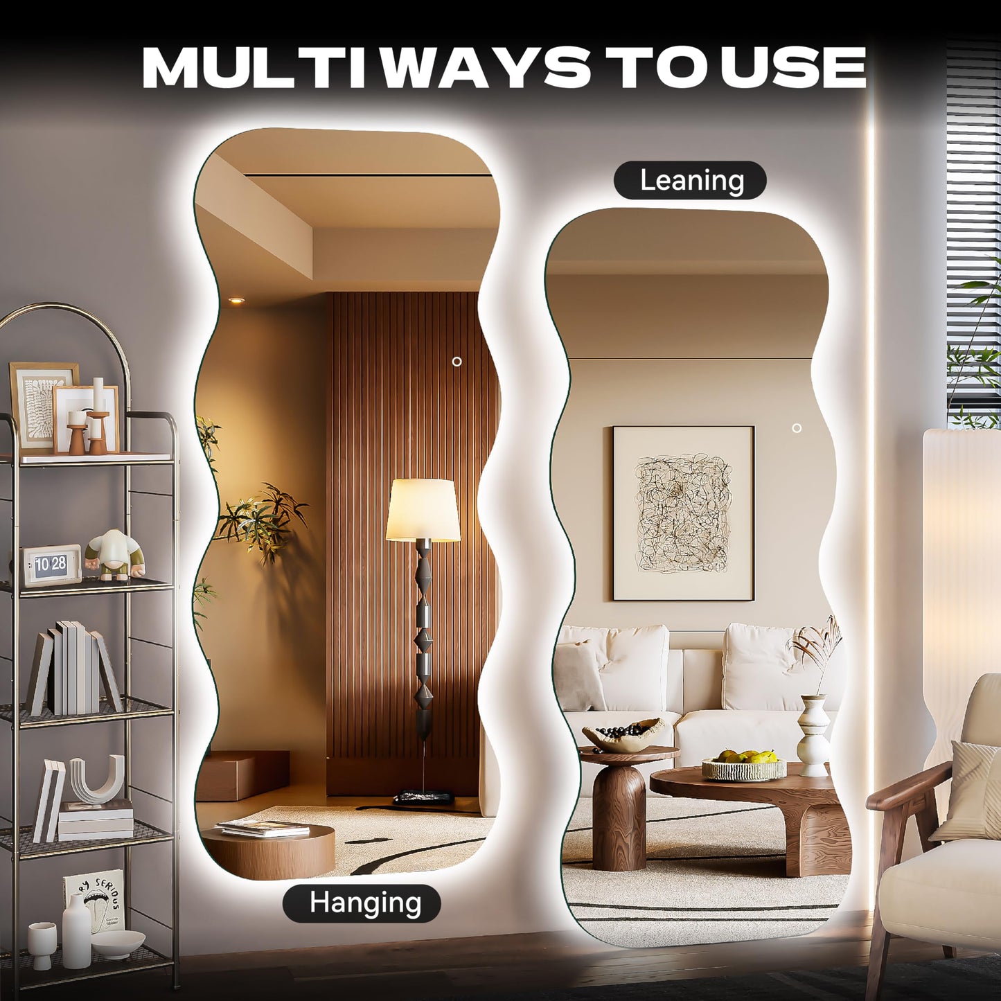 Hasipu Wavy Full Length Mirror with Lights - 71"×31" LED Wavy Floor Mirror, Frameless, Dimmable, Standing or Vertical/Horizontal Wall-Mounted Mirror for Bedroom, Living Room, Cloakroom