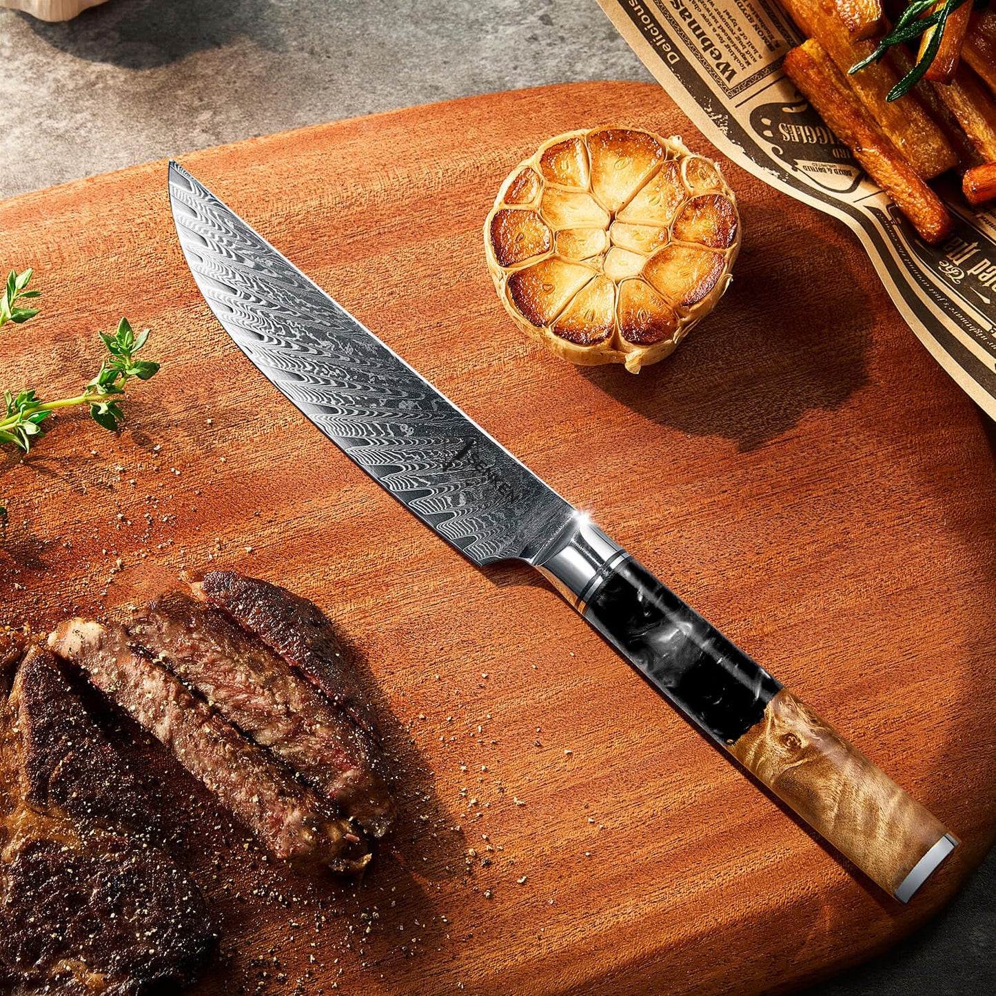 SENKEN Damascus Steak Knife Set - Black Tsunami Collection - 67-Layer Japanese VG10 Steel - Razor Sharp Non-Serrated Blades, Black Resin & Burl Wood Handles, Luxury Gift Box