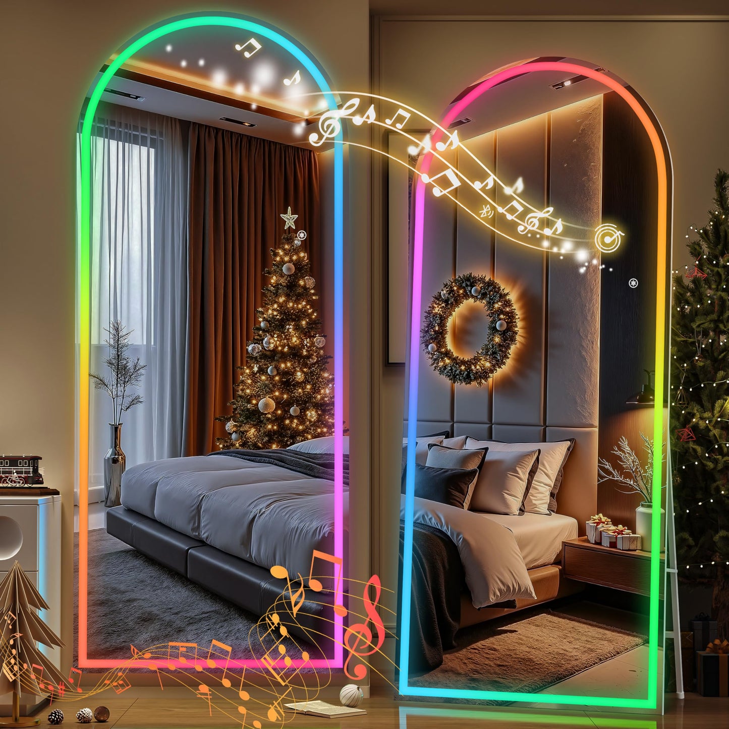 Hasipu Arch Full Length Mirror 79 x 32 in with Stand — Arch LED RGB Full Body Mirror, 7 Lighting Modes, Dimmable, Built‑in Bluetooth Speaker, White Frame for Bedroom Dressing Room