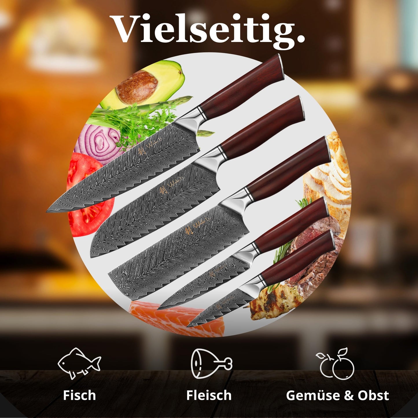 Wakoli Rose Elegance Knife Block Set – 5-Piece Professional Damascus Kitchen Knife Set with Magnetic Block – 67-Layer Damascus Steel with VG10 Core, Ergonomic Rosewood Handles in Gift Box