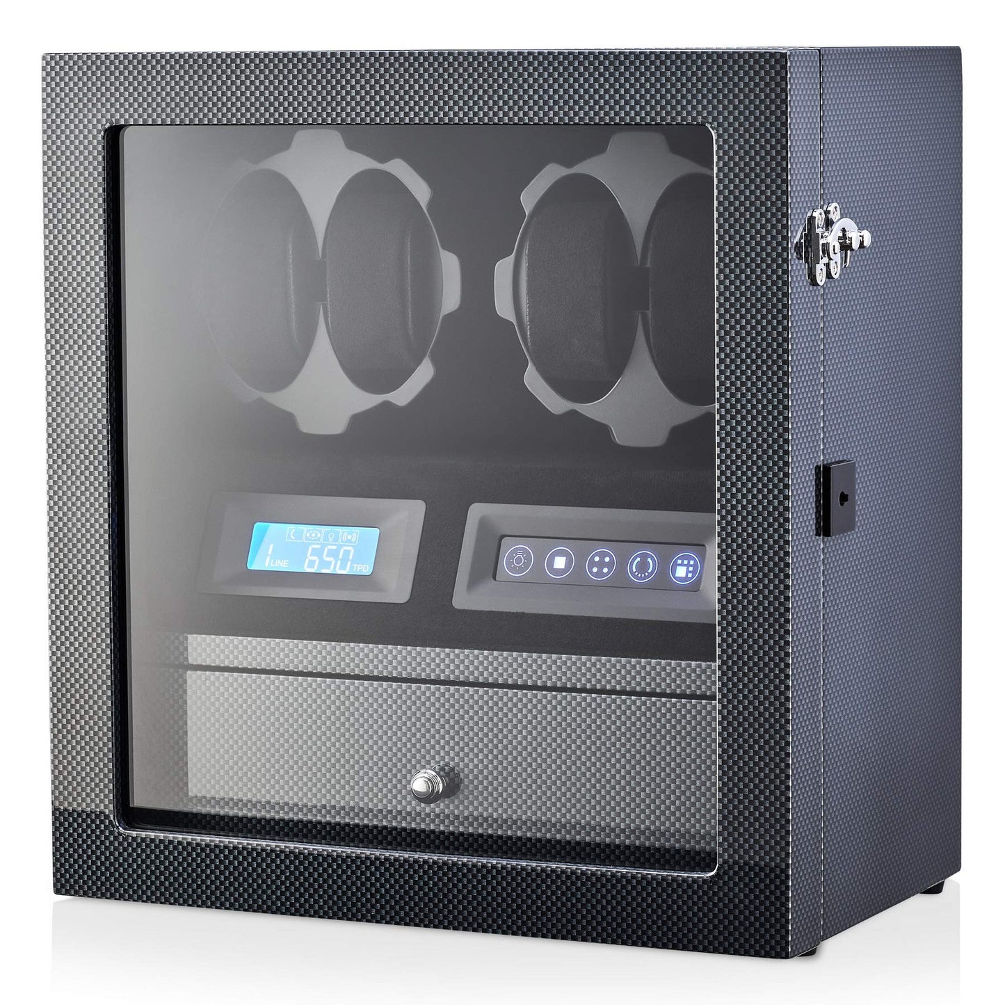 4 Watch Winder with 5 Watch Storage Space, LCD Display, Touch Control and Interior Light (Carbon + Black Velvet)