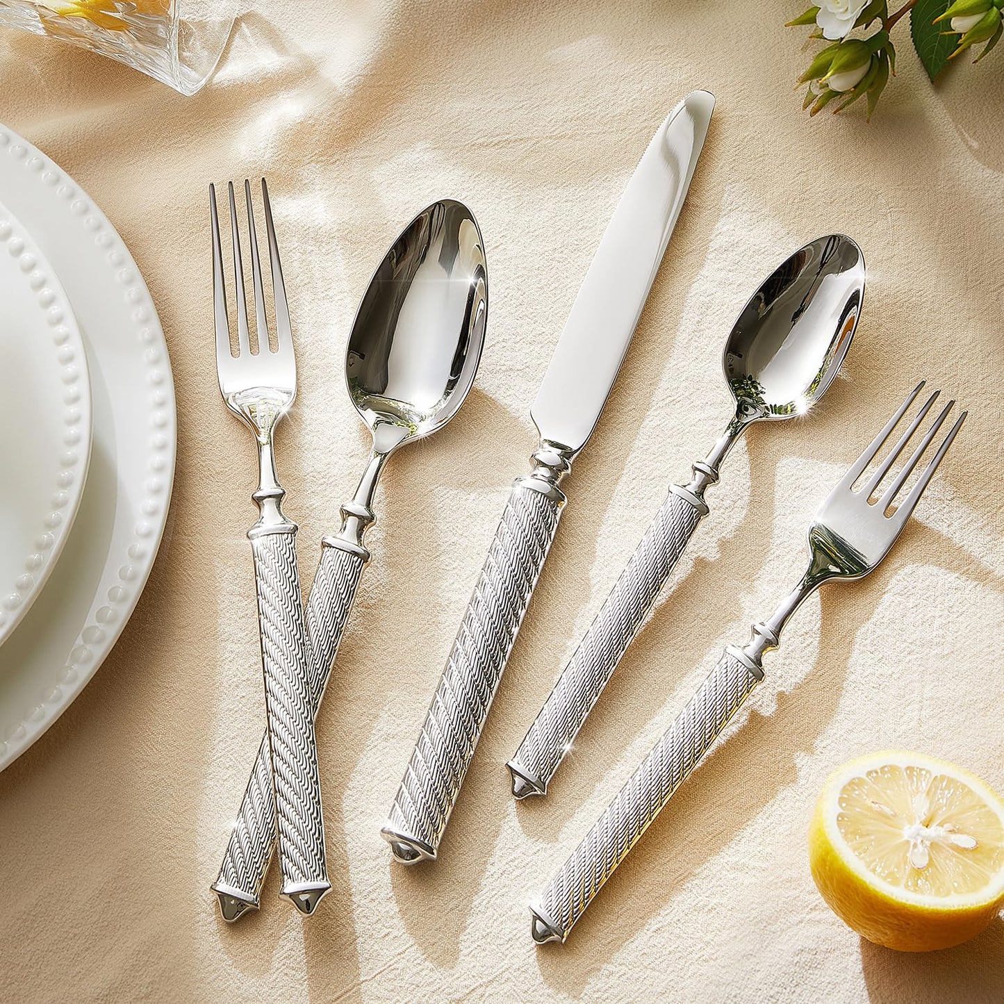 KINGSTONE Retro Rope-Pattern Silverware Set, 60-Piece Flatware Set Cutlery Set Forged with Handcrafted Texture Handles 18/10 Stainless Steel, Dishwasher Safe