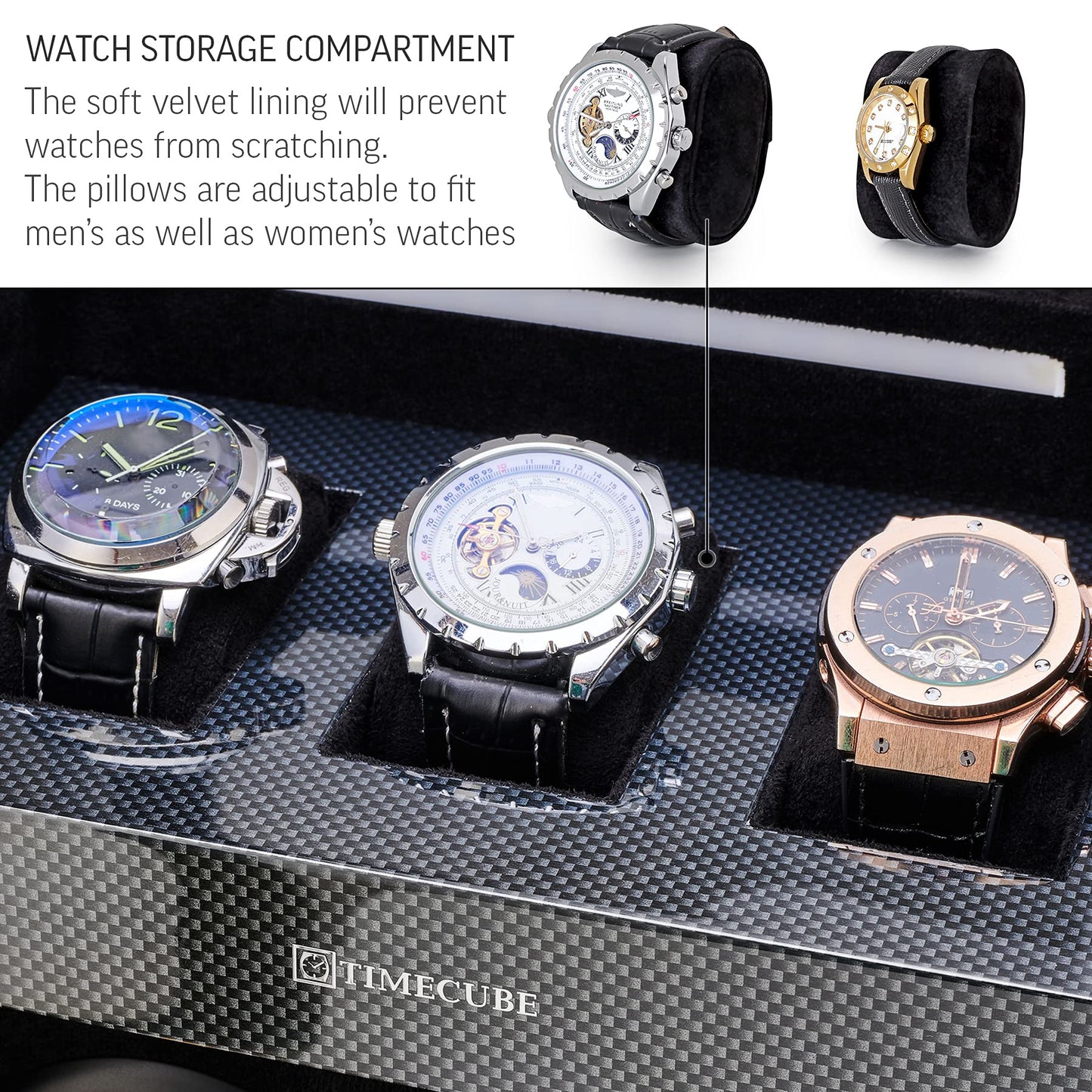 TIMECUBE Watch Winder for 4 Watches with 15 Winding Programs and 3 Watch Storage Slots (Carbon)
