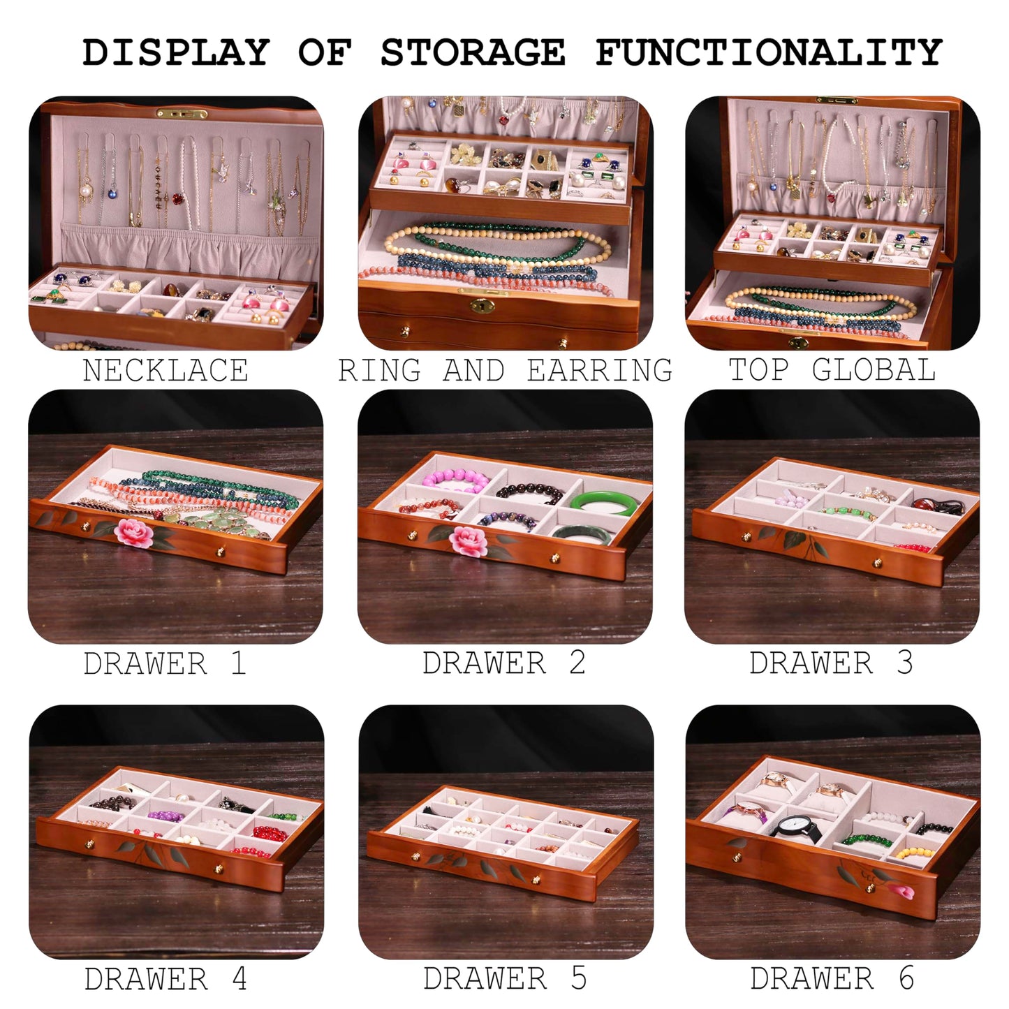Xloverise Hand-Painted Wooden Jewelry boxes for women,large jewlrey box&organizers for necklace hanger,jewerly organizer,9-layer large capacity jewelry storage box,jewelry cabinet