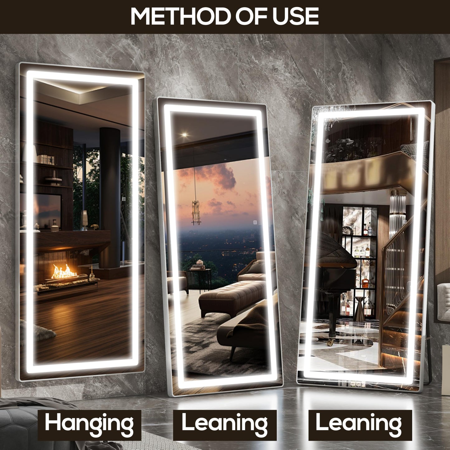 FENNIO 70" x 32" Large Luxury Wall Mounted Mirror with LED Lights - Full Length LED Lighted Full Body Dressing Mirror for Bedroom, Salon, Brushed Aluminum Frame, Tempered Glass
