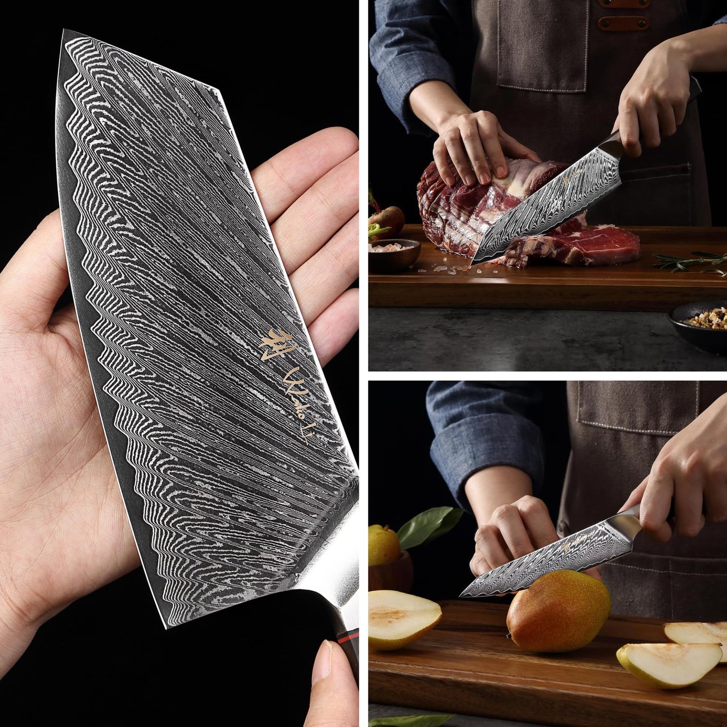 Wakoli Culinary Asia Damascus 4-Piece Knife Block Set with Magnetic Block – Professional Kitchen Knives made of 67-Layer Damascus Steel Blades & VG10 Core – Ergonomic Dark Oak Wood Handles in Gift Box