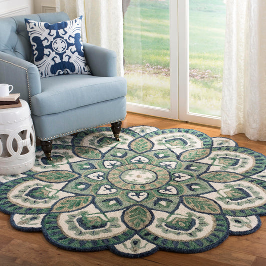 SAFAVIEH Novelty Collection Area Rug - 12' Round, Ivory & Blue, Handmade Boho Floral Rustic Country Wool, Ideal for High Traffic Areas in Living Room, Bedroom (NOV604M)