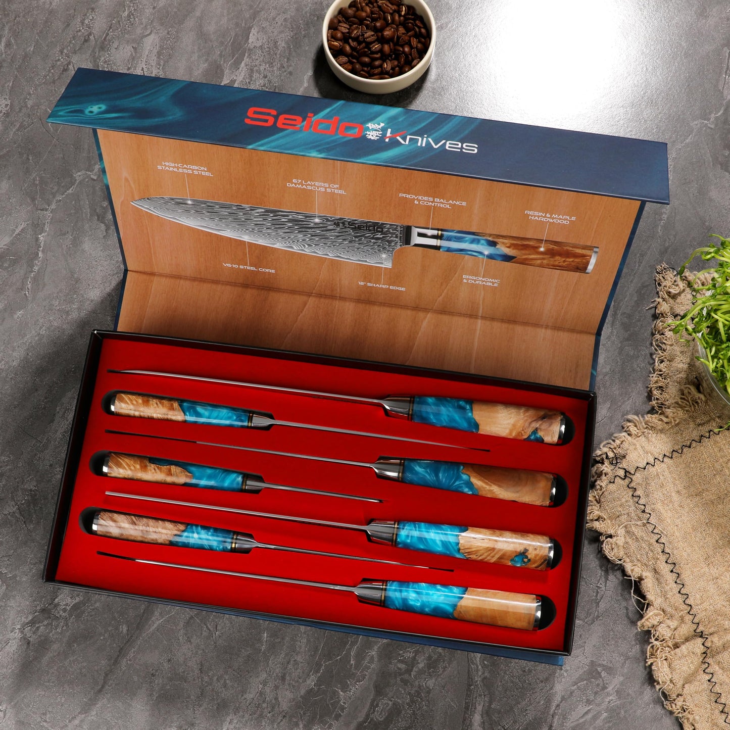 Seido Knives 7-Piece Executive Damascus Steel Knife Set with Japanese VG-10 Super Steel Core - Home Kitchen Knife Set - Professional Design Handle Blue Resin Epoxy and Strong Stabilized Wood