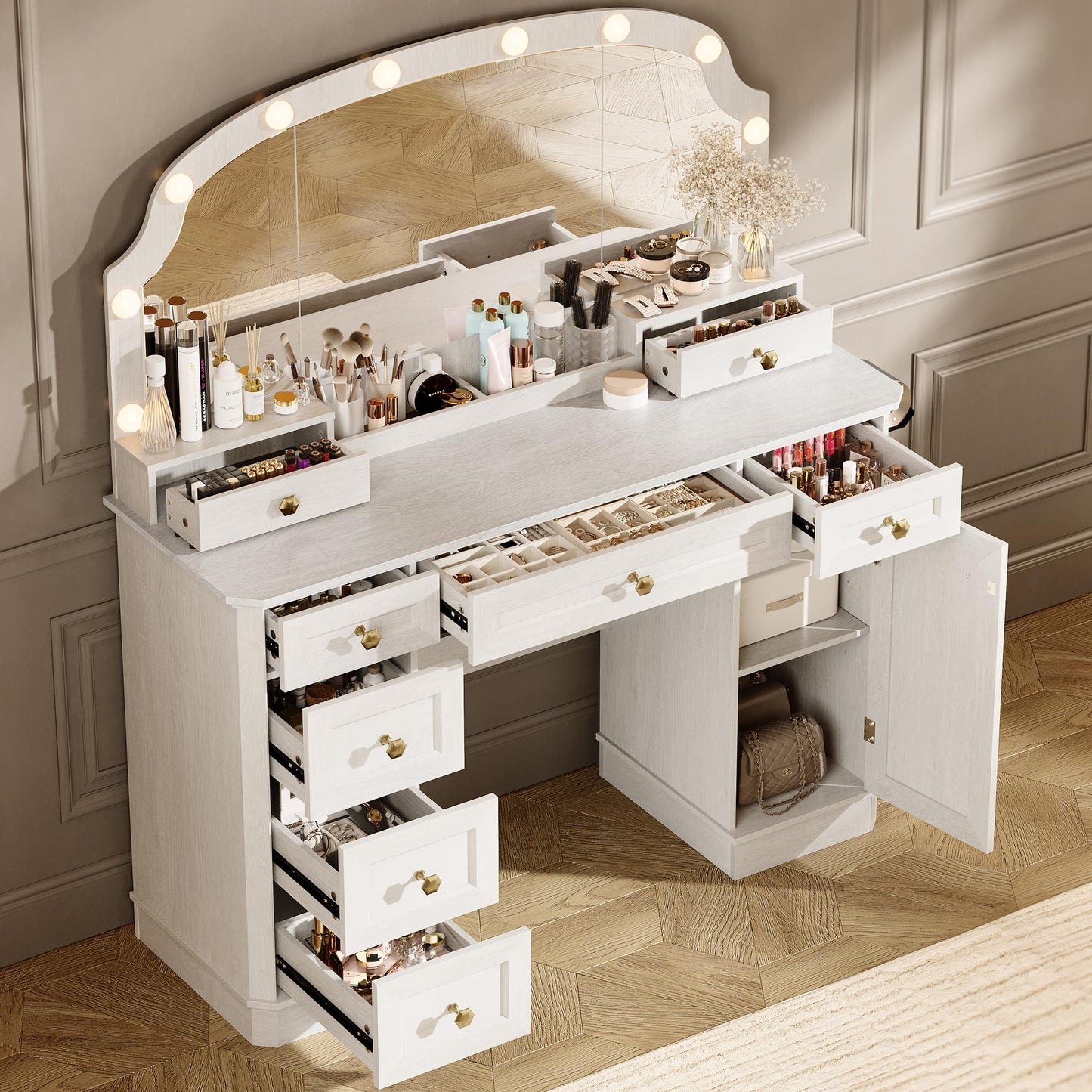 AMBERHAUS Farmhouse Makeup Vanity Desk with Mirror and Lights, 47'' Vanity Table with 8 Storage Drawers 1 Cabinet & 2 Organizer Trays, Big Dressing Table with Charging for Bedroom Classic White