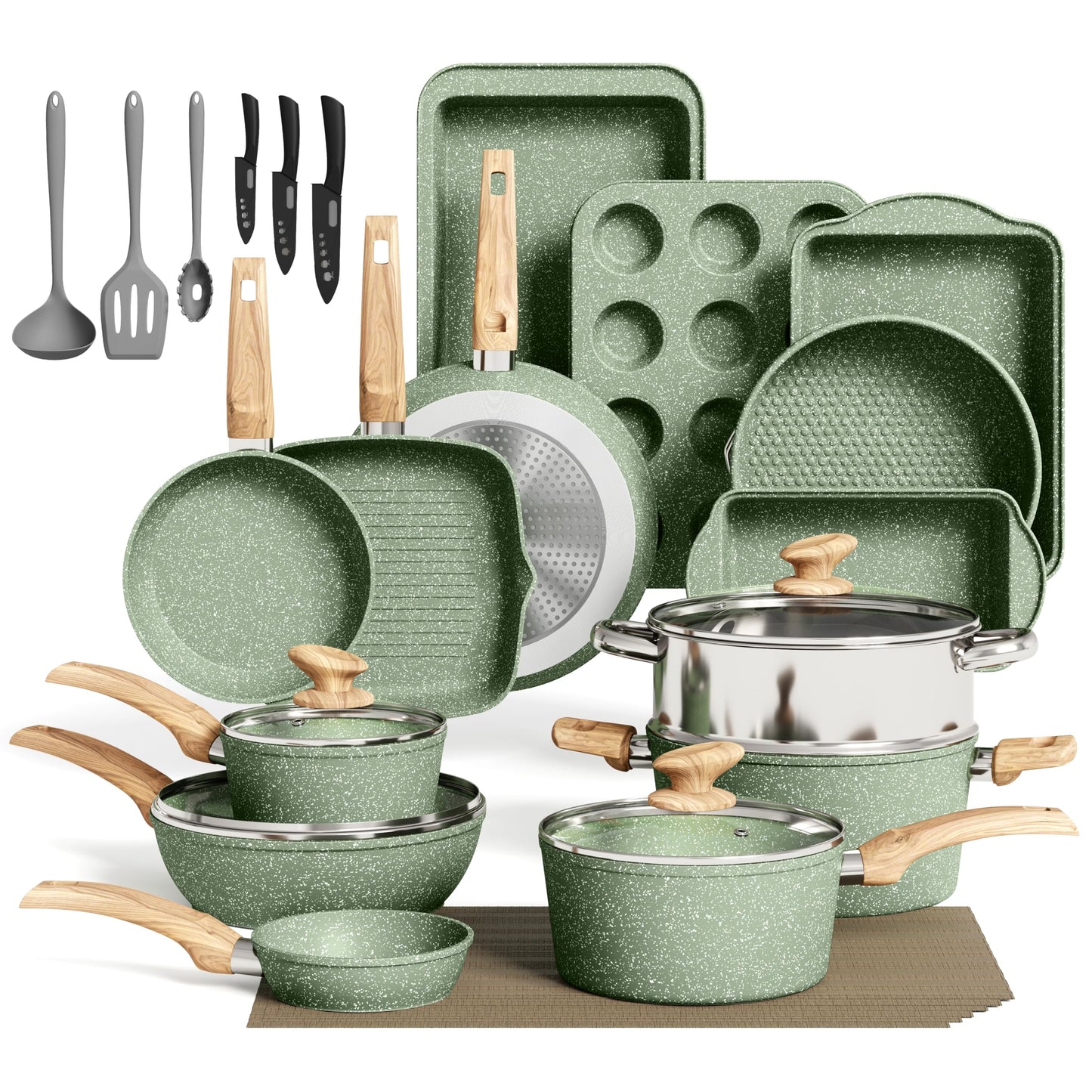 MAISON ARTS 30 Piece Pots and Pans Set Non Stick, Kitchen Cookware & Bakeware Sets with Nonstick Granite Coating, Baking Tray, Frying Pan and Saucepan, Green