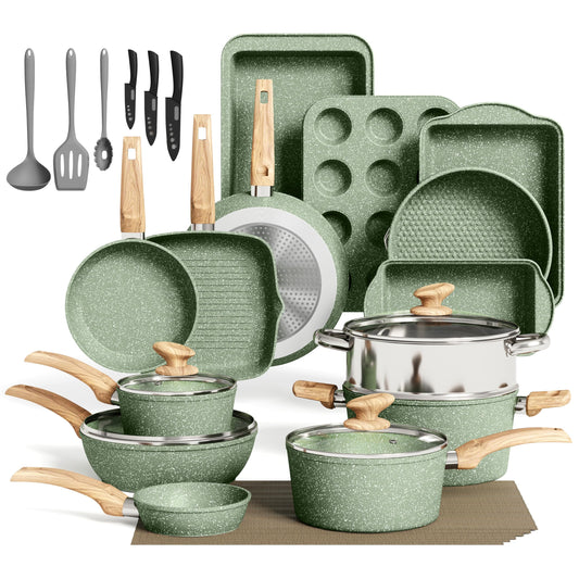 MAISON ARTS 30 Piece Pots and Pans Set Non Stick, Kitchen Cookware & Bakeware Sets with Nonstick Granite Coating, Baking Tray, Frying Pan and Saucepan, Green