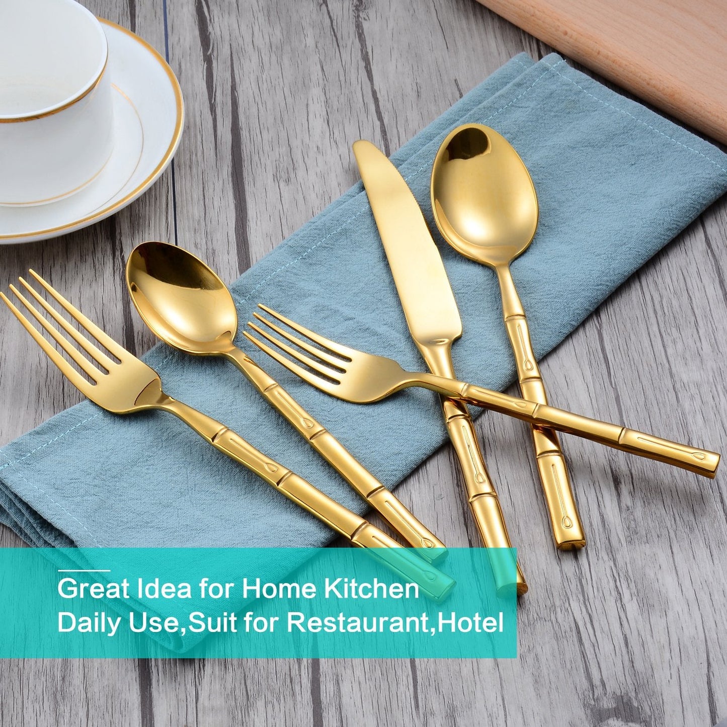 Flatasy Silverware Set Gold Flatware Set Stainless Steel Bamboo Handle Cutlery Set Mirror Polished 60 Pieces for Home Kitchen Restaurant Hotel Wedding Housewarming Gift Service for 12