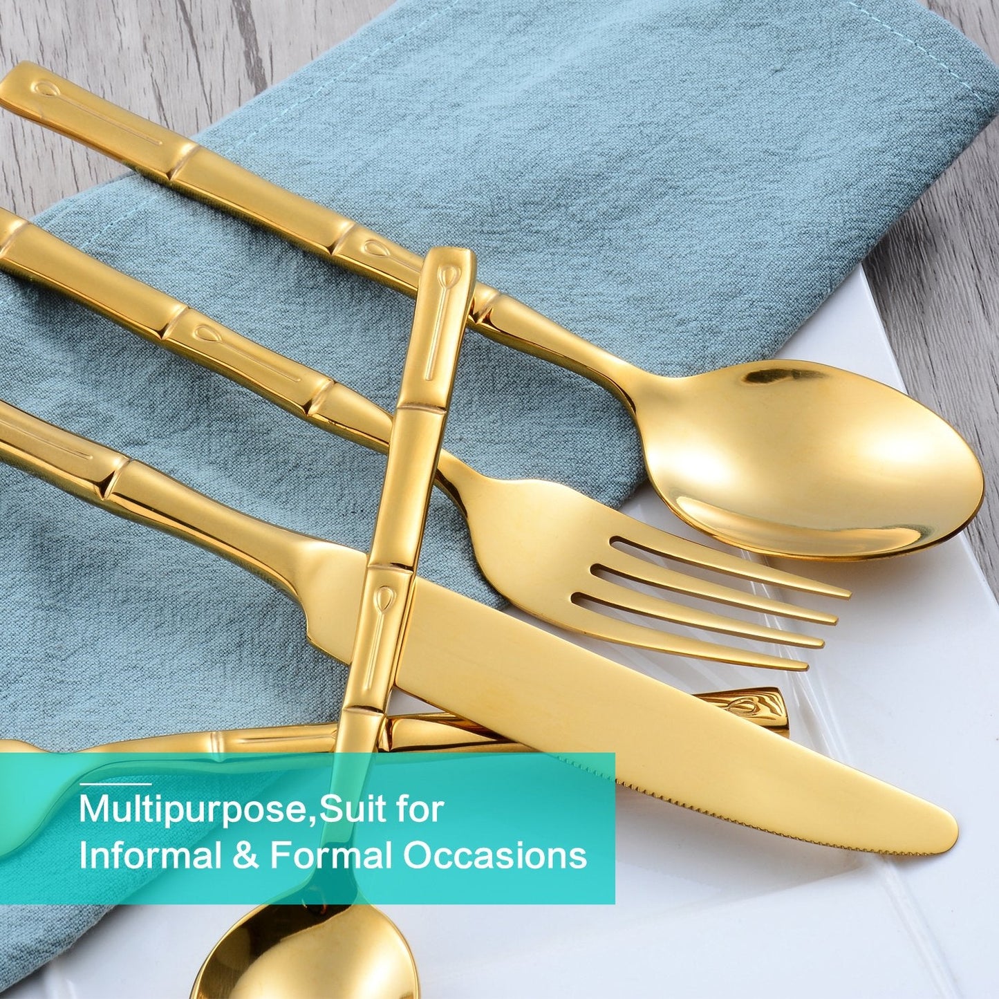 Flatasy Silverware Set Gold Flatware Set Stainless Steel Bamboo Handle Cutlery Set Mirror Polished 60 Pieces for Home Kitchen Restaurant Hotel Wedding Housewarming Gift Service for 12
