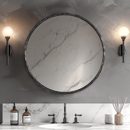 ANDY STAR Hand-Forged Round Mirror for Wall, 24 Inch Black Solid Steel Antique Rounded Bathroom Mirror, Vintage Hammered Metal Frame Circle Mirror for Wall Decor, Vanity, Bedroom, Entryway