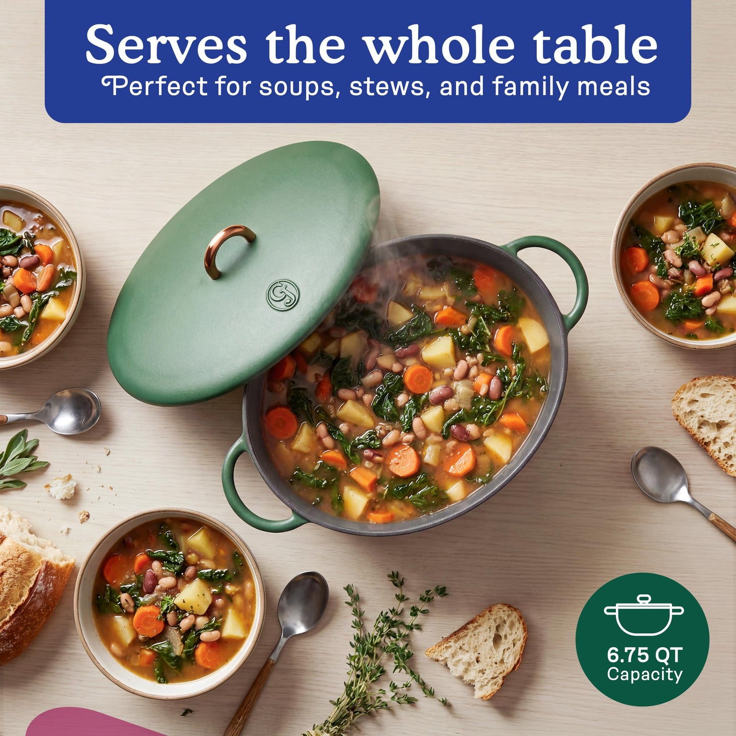 Great Jones Dutchess Cast Iron Dutch Oven Pot With Lid (Broccoli) - Large 6.75 Quart Size, Dual Handles - All Stovetop Safe - 500° Dutch Oven For Bread Baking | Dishwasher Friendly