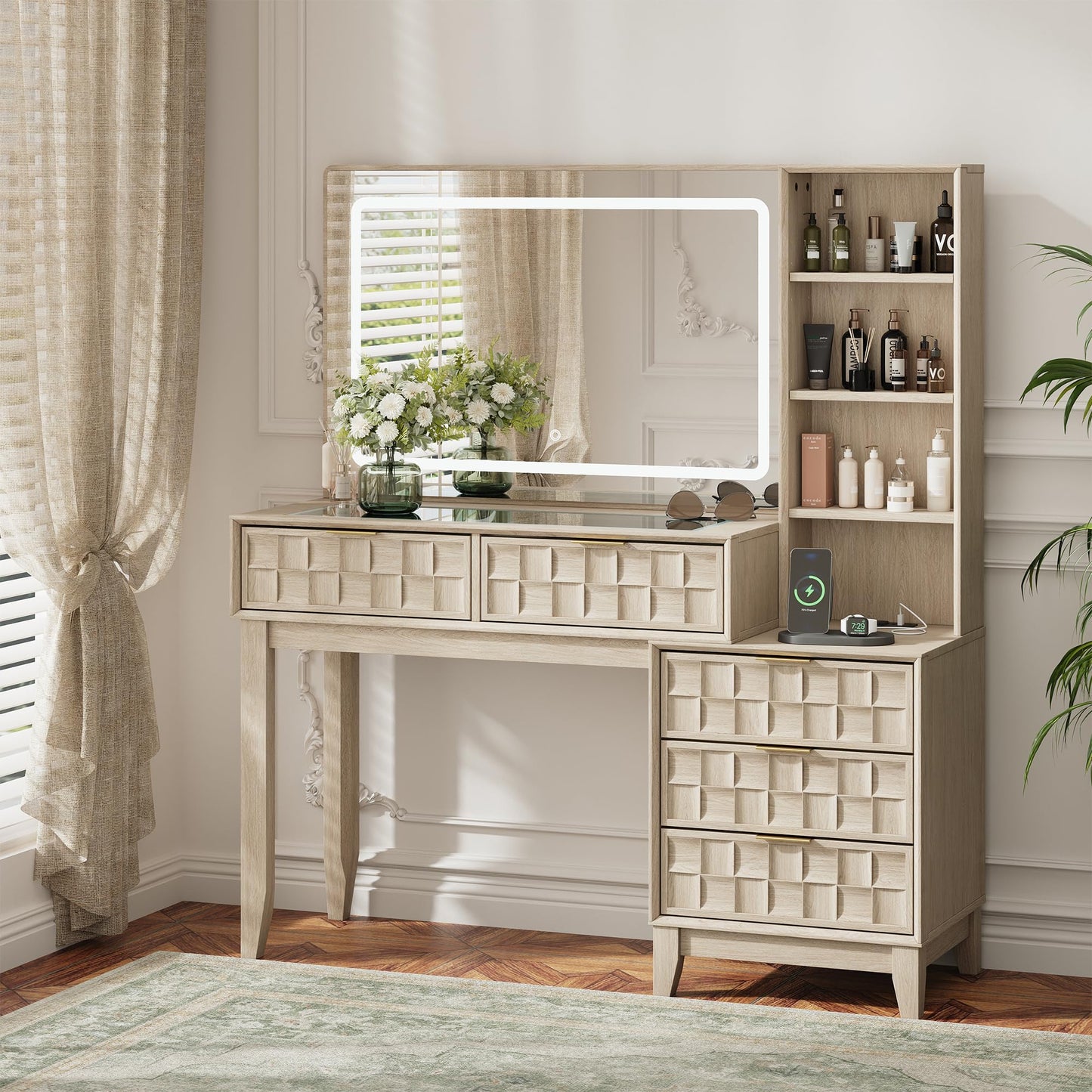 MALOL Vanity Desk, Checkerboard Wood 50" Dressing Table with 5 Drawers & 4 Storage Shelves, Large Glass Top Makeup Vanity with Built-in Power Strip with USB & Type-C, Oak Wood