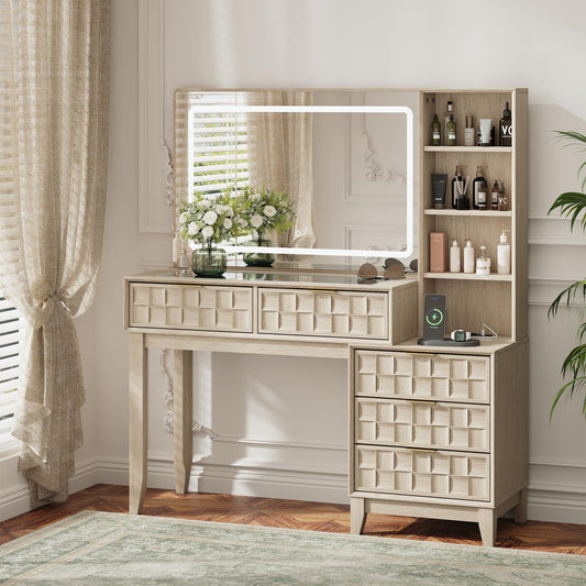 MALOL Vanity Desk, Checkerboard Wood 50" Dressing Table with 5 Drawers & 4 Storage Shelves, Large Glass Top Makeup Vanity with Built-in Power Strip with USB & Type-C, Oak Wood