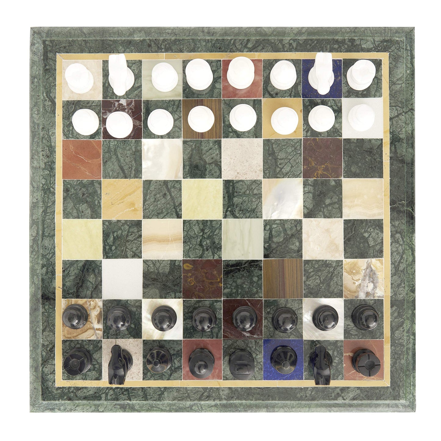 Queenza Green Marble Chess Sets for Adults Unique - 12 Inch Inlaid with Gemstones Handmade Chess Board Game with Alabaster Marble Chess Pieces Set of 32 - Tournament Chess Set with Storage