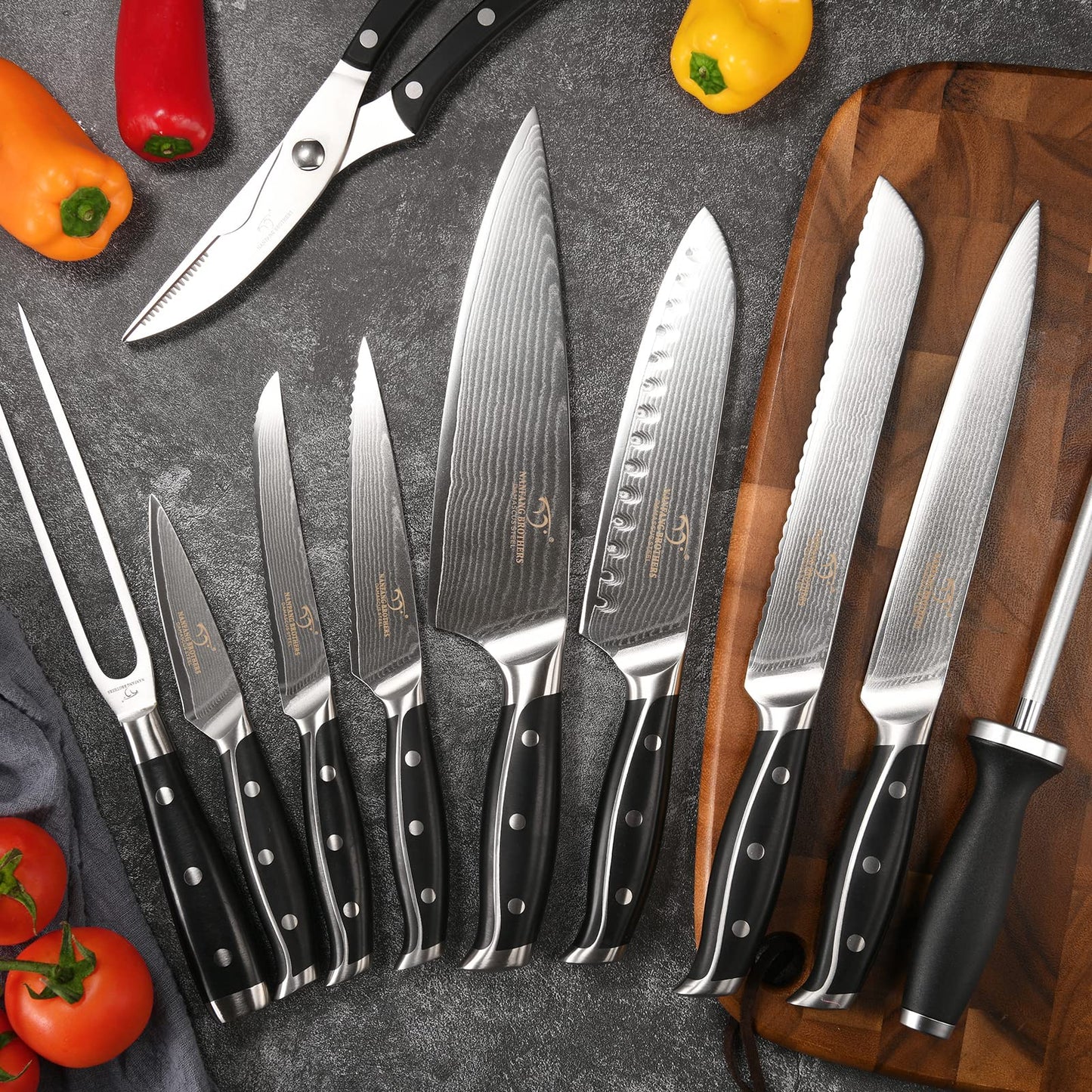 16-Piece Damascus Knife Set with Block, VG10 67-Layer Damascus Steel Kitchen Knife Set with Triple-Rivet Handles, 6 Steak Knives, Meat Fork, Sharpener & Scissors, Natural Wood