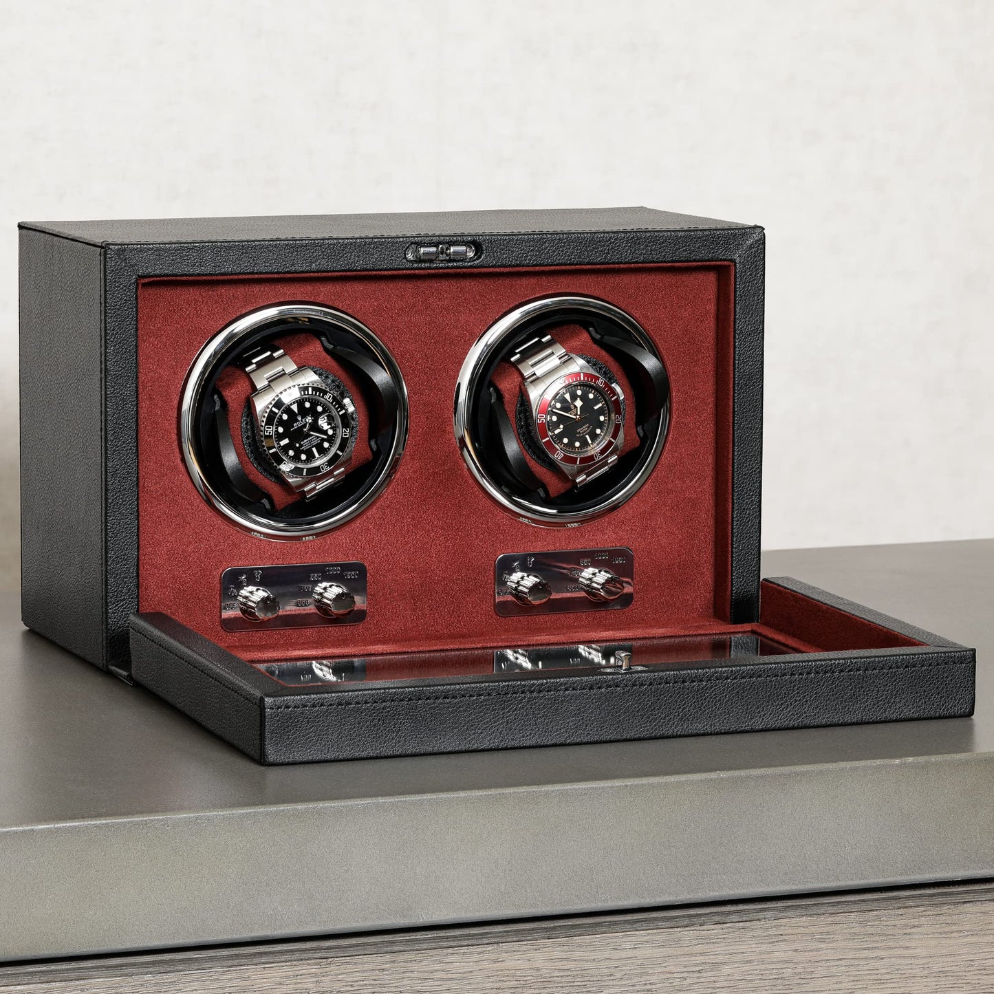 Gift Set 12 Slot Leather Watch Box with Valet Drawer & Matching Double Watch Winder - Luxury Case Display Organizer, Locking Mens Jewelry Watches Holder, Men's Storage Boxes Glass Top Black/Red