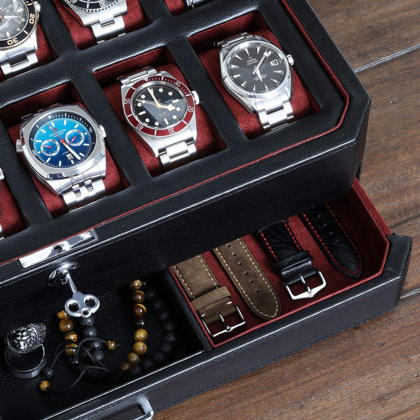 Gift Set 12 Slot Leather Watch Box with Valet Drawer & Matching Single Watch Winder - Luxury Case Display Organizer, Locking Mens Jewelry Watches Holder, Men's Storage Boxes Glass Top Black/Red