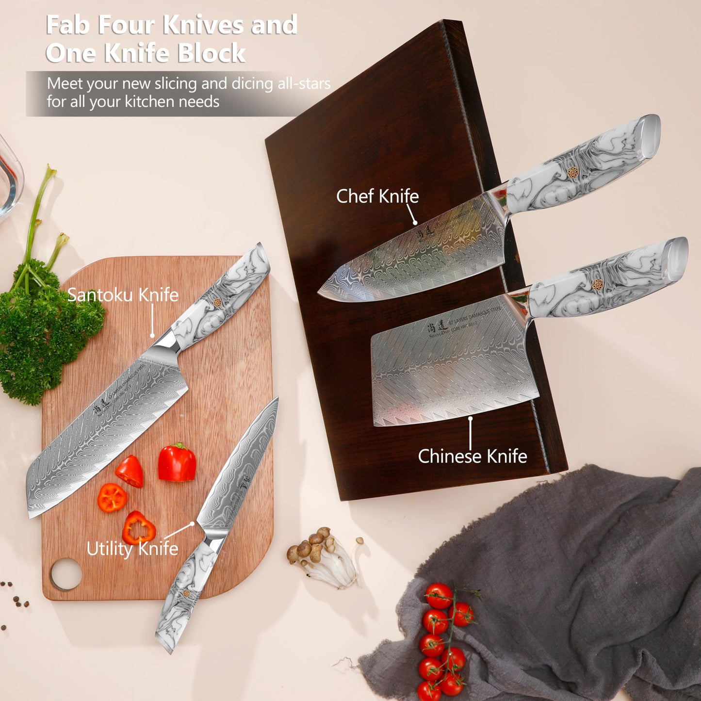 SHANGDAO Damascus Kitchen Knife Set with Magnetic Knife Block, 5 PCS Razor Sharp Kitchen Knives Made of Japanese Damascus Steelwith Block, Well-Balanced Damascus Chef Knife set
