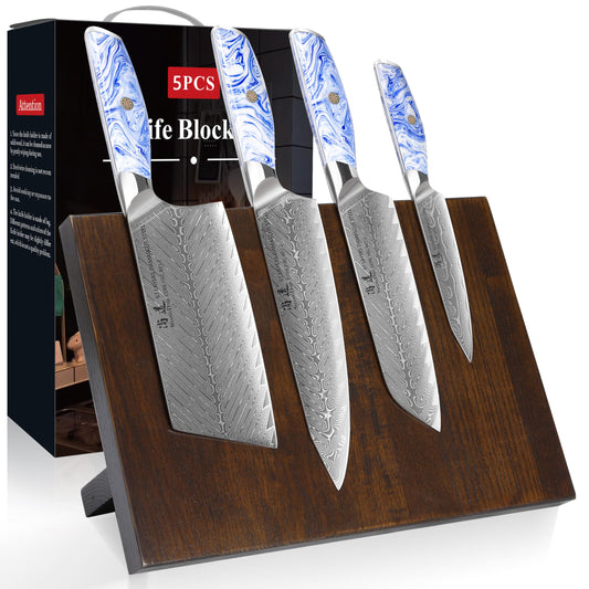 SHANGDAO Damascus Kitchen Knife Set with Magnetic Knife Block, 5 PCS Razor Sharp Kitchen Knives Made of Japanese Damascus Steelwith Block, Full Tang Ergonomic Resin Handle Chef Knife With Gift Box
