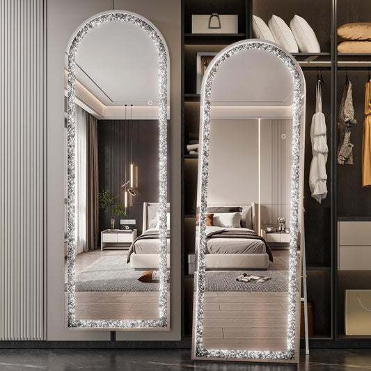 WINNICE 71"×24" Full-Length Mirror with Lights- Arch Crystal Crush Diamond Wall Mounted Hanging Diamond Mirror Leaning for Living Room Bedroom