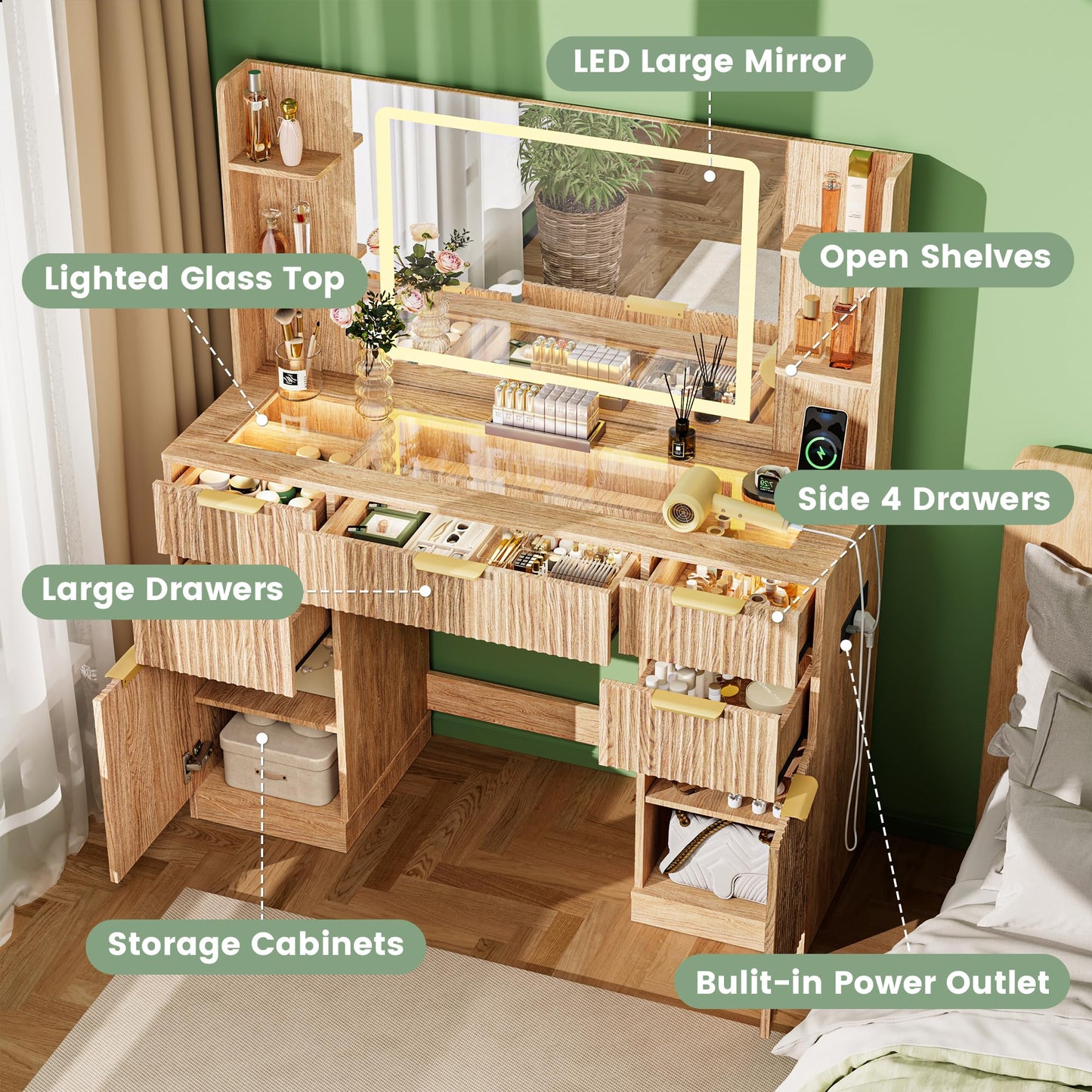 Fkhouse Fluted Vanity Desk with 30.2" Mirror and Lights, Glass Top Makeup Vanity with Desktop Light Strips, 5 Drawers, 2 Cabinet & 6 Open Shelves, Power Outlet, Lighting Adjustable,Natural