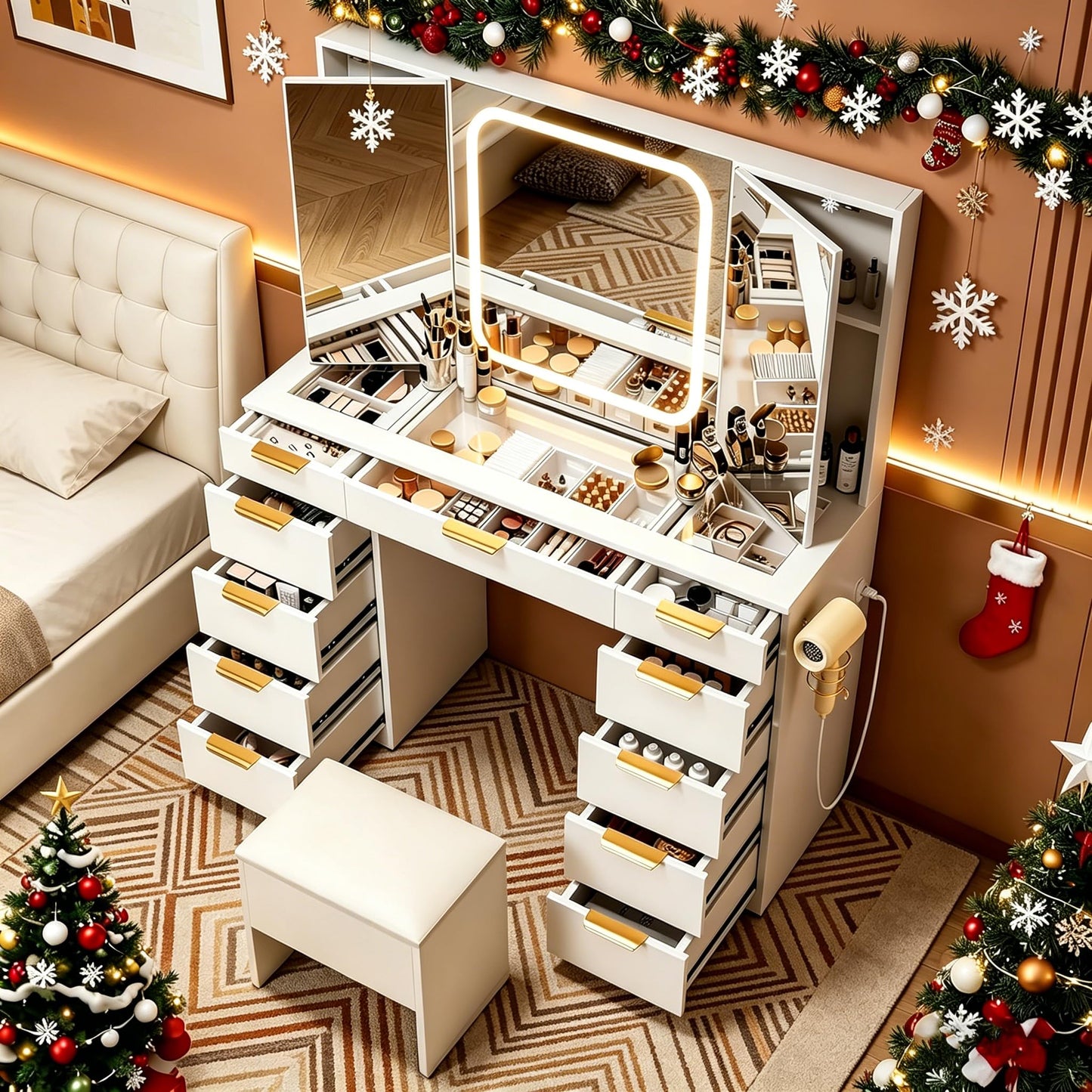 Pamapic 11 Drawers Vanity Desk with Foldable Mirror, Glass Top Makeup Vanity with LED Lights, 3 Lighting Modes, Golden Handles Dressing Table with Chair and Power Outlet