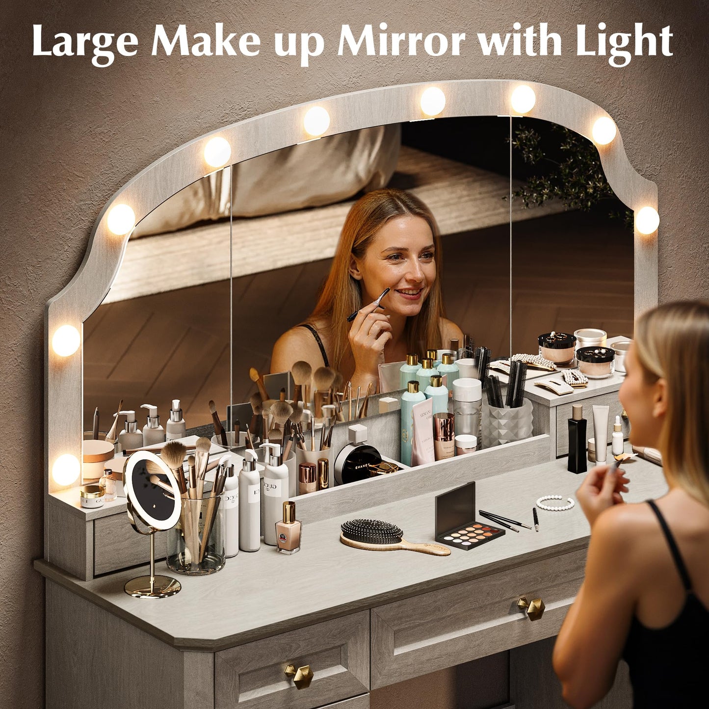 AMBERHAUS Farmhouse Makeup Vanity Desk with Mirror and Lights, 47'' Vanity Table with 8 Storage Drawers 1 Cabinet & 2 Organizer Trays, Big Dressing Table with Charging for Bedroom Classic White
