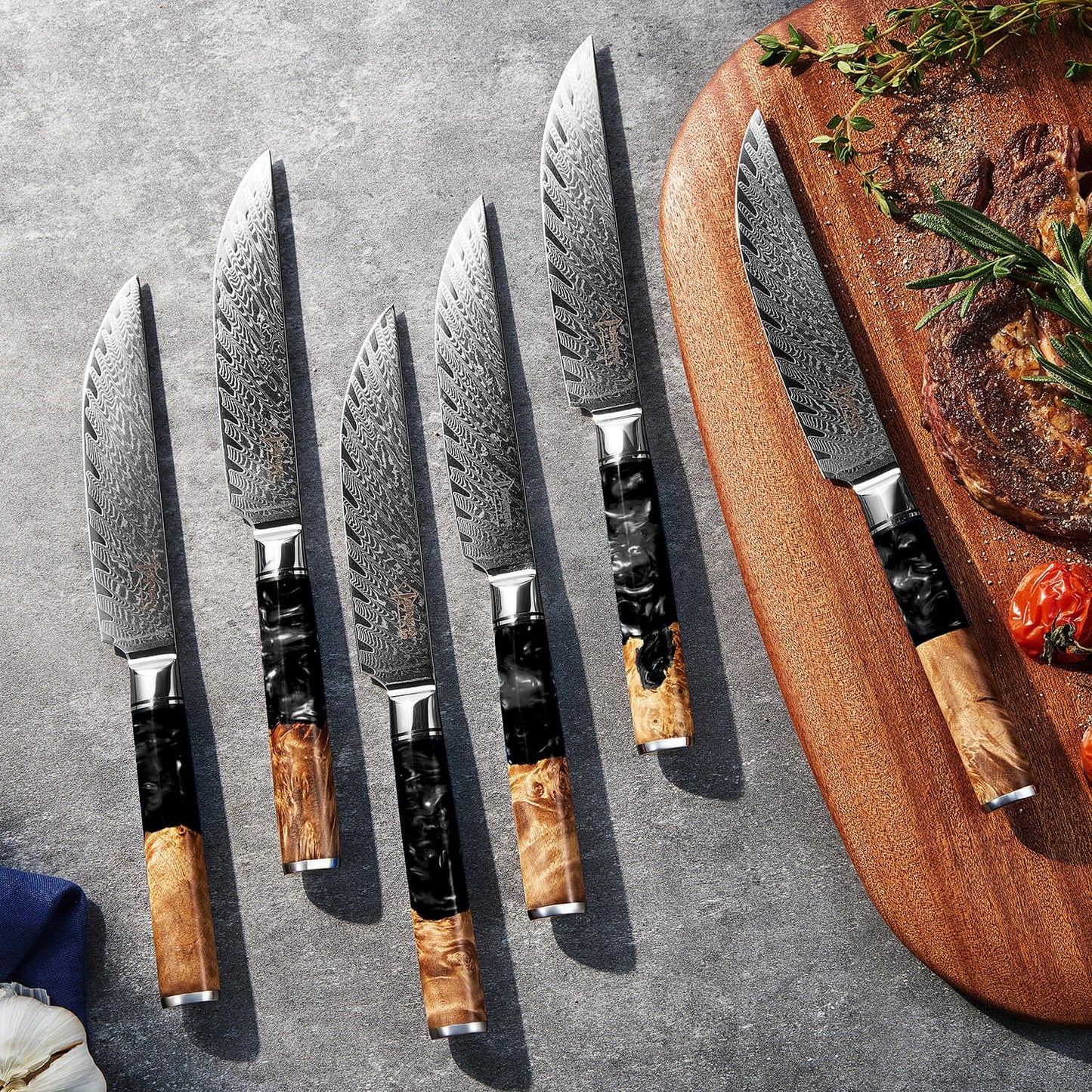 SENKEN Damascus Steak Knife Set - Black Tsunami Collection - 67-Layer Japanese VG10 Steel - Razor Sharp Non-Serrated Blades, Black Resin & Burl Wood Handles, Luxury Gift Box