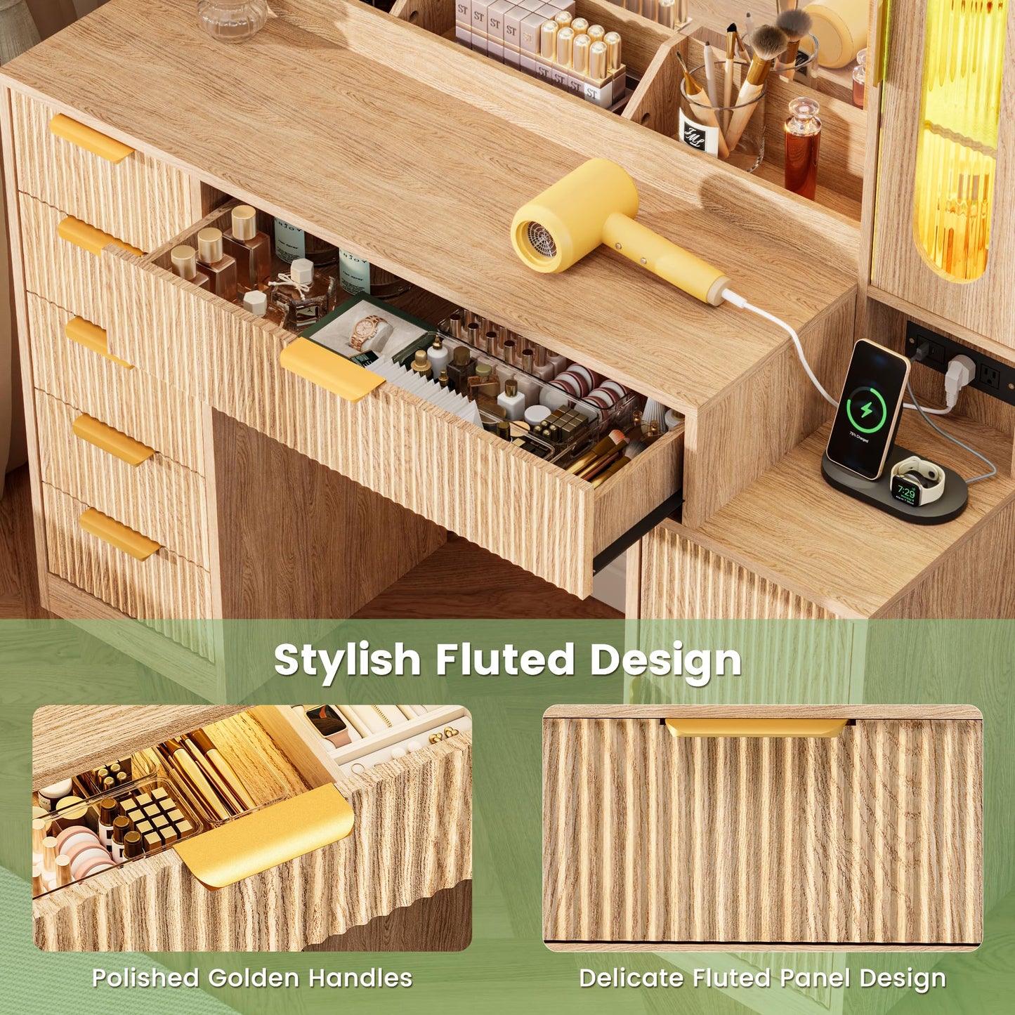 Fkhouse Fluted Makeup Vanity Desk with Large 31.4" Mirror and Sound Sync RGB Lights, Wood Vanity with 6 Drawers, 2 Cabinet & 3 Compartments, Charging Station, Bedroom Dressing Table, Natural Oak