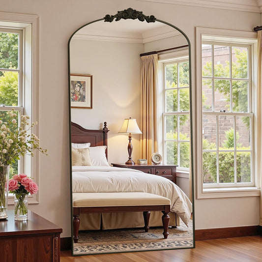 Antok Arched Full Length Mirror, 90"x46" Floor Mirror with Carved, Full Body Mirrors for HomeDecor, Standing/Halling Large Wall Mirror for Bedroom, Living Room, Cloakroom, Bronze, Retro Style