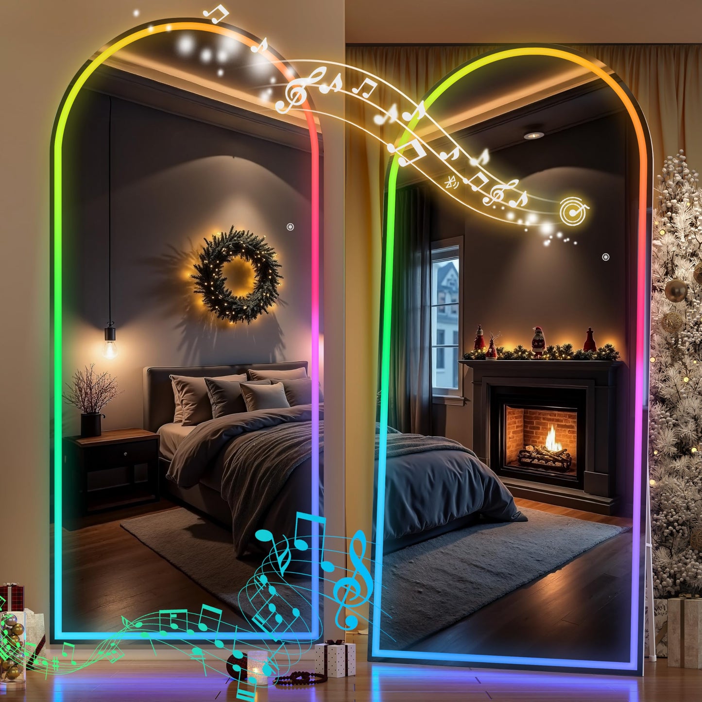 Hasipu Arch Full Length Mirror 83 x 36 in with Stand — Arch LED RGB Full Body Mirror, 7 Lighting Modes, Dimmable, Built‑in Bluetooth Speaker, White Frame for Bedroom Dressing Room