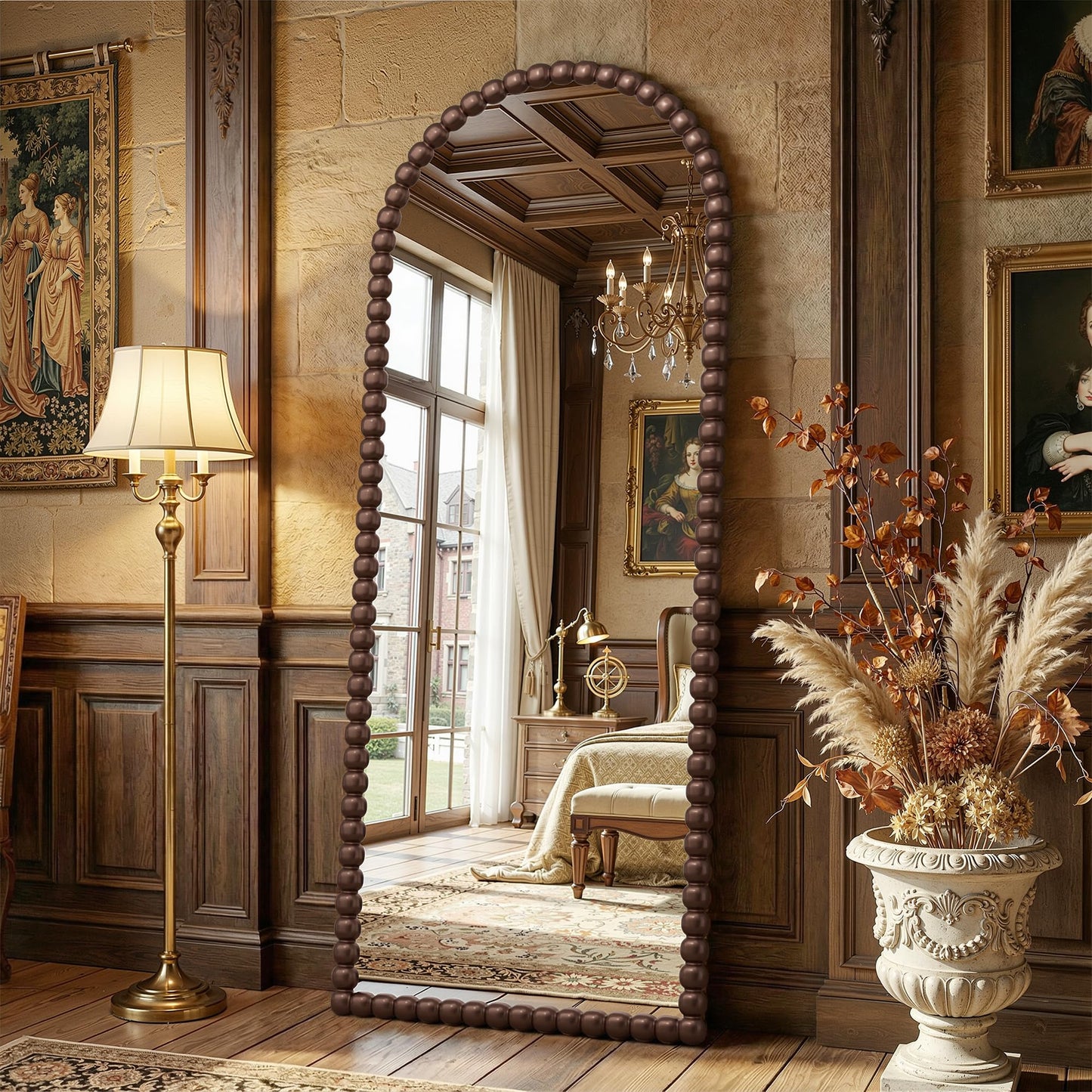 Antok 71" x 28" Arched Full Length Mirror, Antique Beaded Frame Floor Standing or Wall Mounted Mirror with Stand for Bedroom, Entryway, Brown, Luxury Style