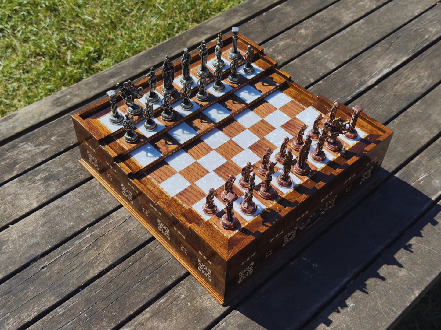 Luxury Handmade Wooden Chess Set with Metal Pieces – Large Walnut & Rosewood Chess Board with Storage Drawers – British Style Chess Pieces for Father’s Day, Birthday, or Christmas