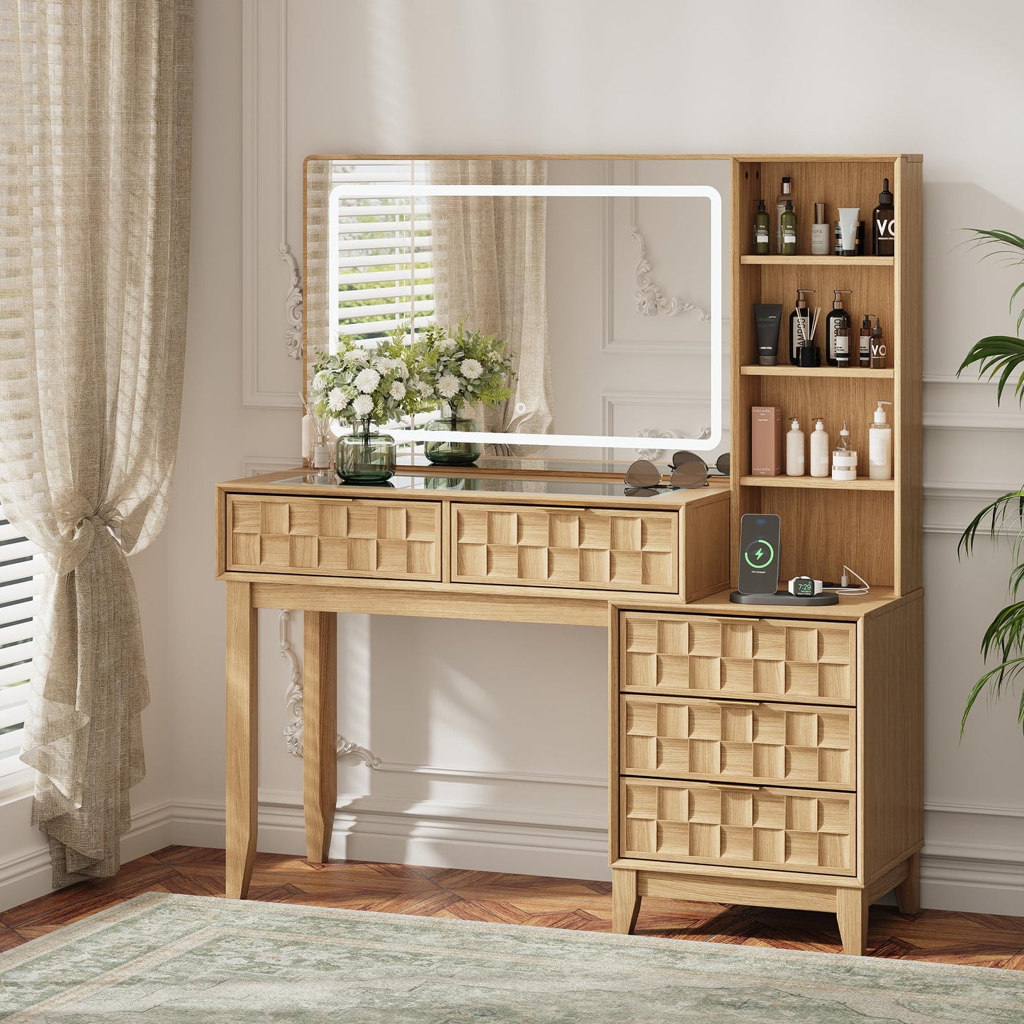 MALOL Vanity Desk, Checkerboard Wooden 50" Dressing Table with 5 Drawers & 4 Storage Shelves, Large Glass Top Makeup Vanity with Built-in Power Strip with USB & Type-C, Natual Wood