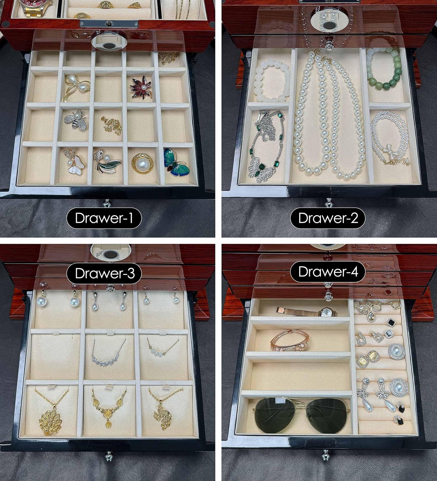 SYENS Jewelry Box Wood Jewel Organizer with Fingerprint Lock Safe, 7-Layer Large Locking Jewelry Storage Box with Necklace Hanger for Women Mens Gift (5L-RS)