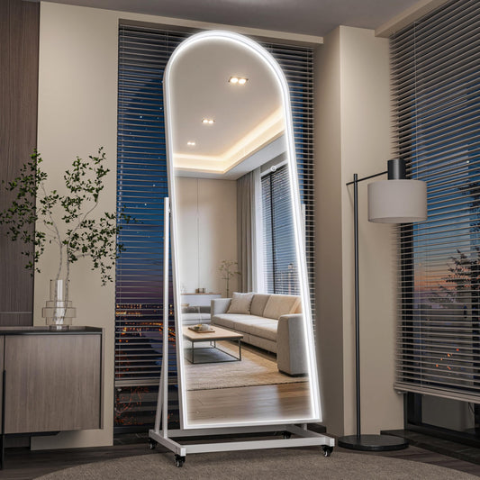 WINNICE 77"x26" Arched LED Full Length Rolling Mirror on Wheels, Tilting Swivel Floor Mirror with Lights, 3 Color Temperatures & Adjustable Brightness for Bedroom, Dressing Room, Home Gym, Home Decor