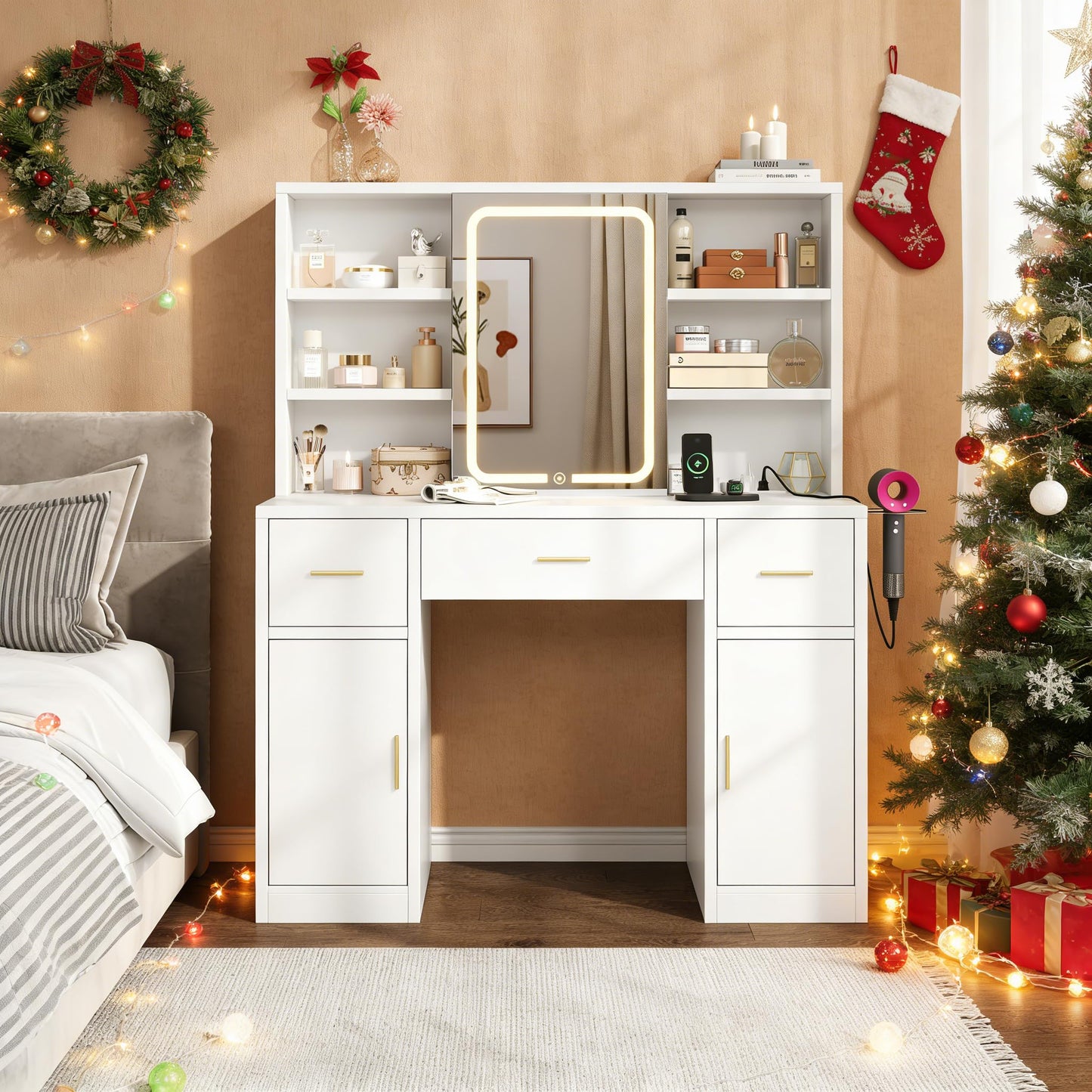 knoworld Vanity Desk with Sliding Mirror & LED Lights, Smart Makeup Table with Charging Station, Hairdryer Holder, 7 Shelves, 3 Drawers, 2 Cabinets, Vanity with Extra Hidden Stroage for Bedroom,White
