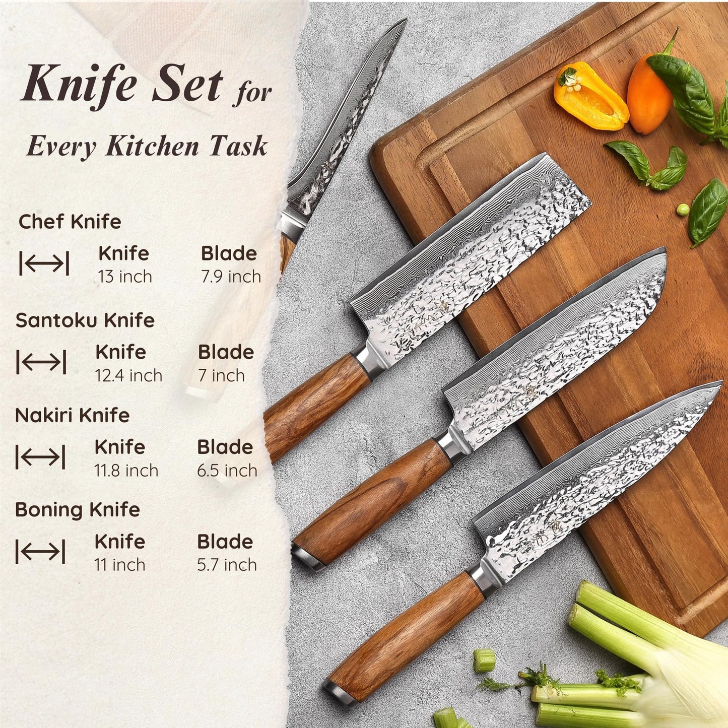 Wakoli Damascus Knife Block Set – 4-Piece Professional Kitchen Knives with Magnetic Block – Kitchen Knife Set made of 67-Layer Damascus Steel Blades & Ergonomic Zebrawood Handles