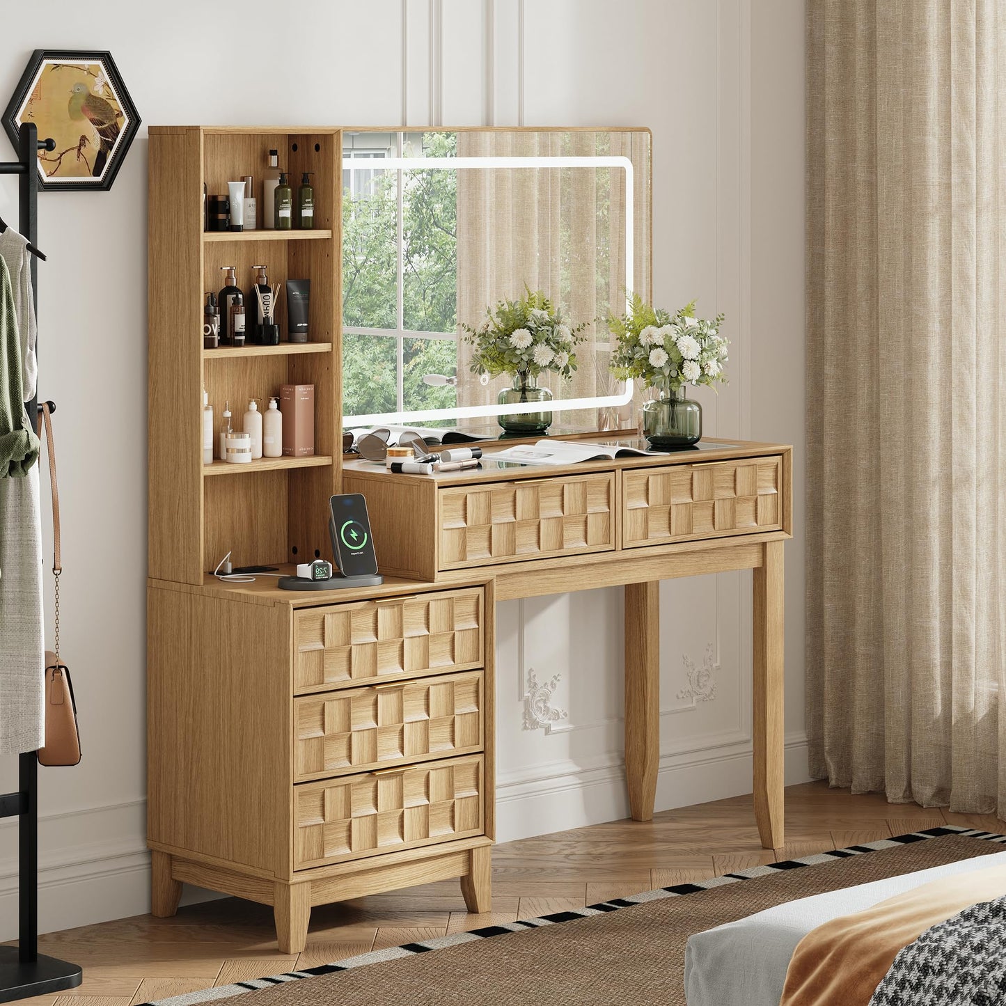 MALOL Vanity Desk, Checkerboard Wooden 50" Dressing Table with 5 Drawers & 4 Storage Shelves, Large Glass Top Makeup Vanity with Built-in Power Strip with USB & Type-C, Natual Wood