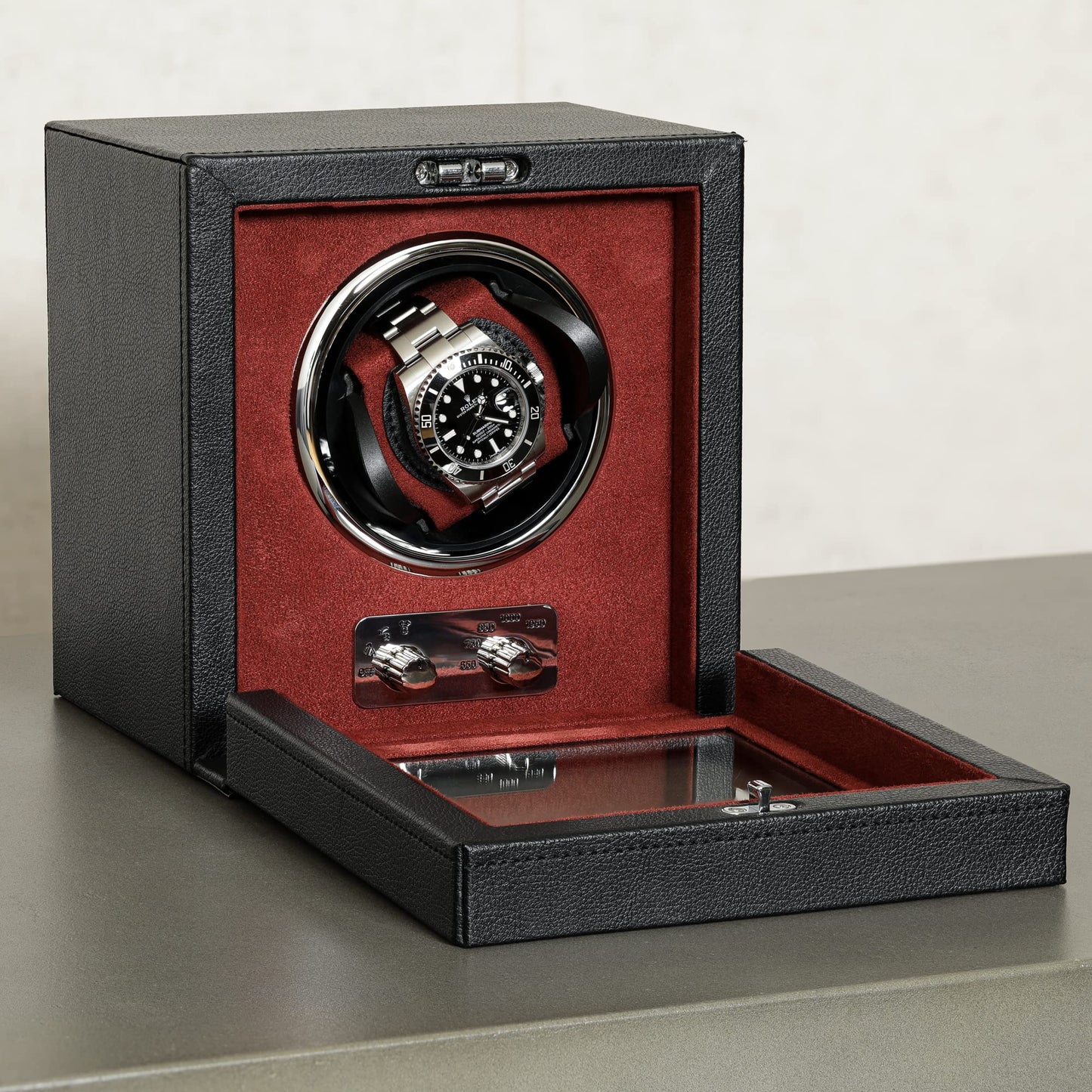 Gift Set 12 Slot Leather Watch Box with Valet Drawer & Matching Single Watch Winder - Luxury Case Display Organizer, Locking Mens Jewelry Watches Holder, Men's Storage Boxes Glass Top Black/Red