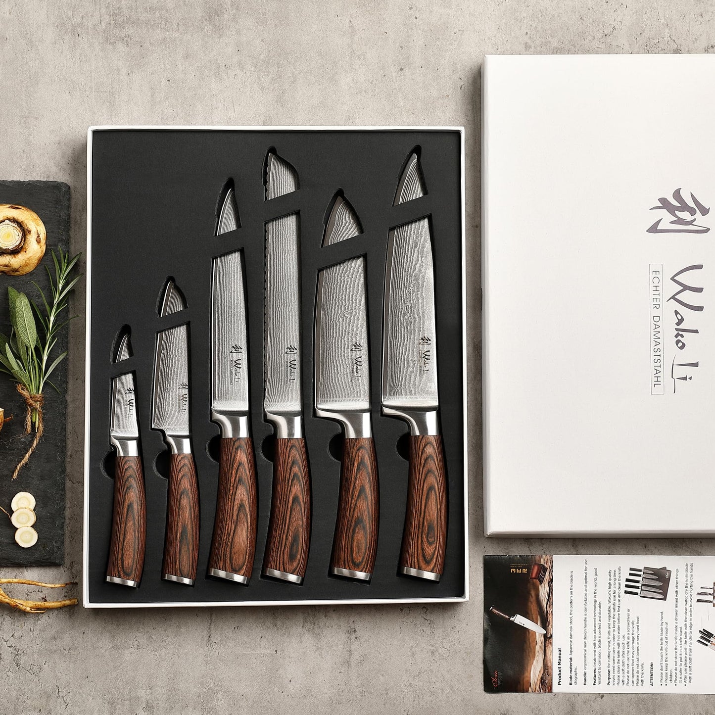 Wakoli EDIB 6-Piece Damascus Knife Block Set – Professional Kitchen Knives with Magnetic Acacia Block – Kitchen Knife Set made of 67-Layer Damascus Steel Blades & Ergonomic Pakkawood Handles