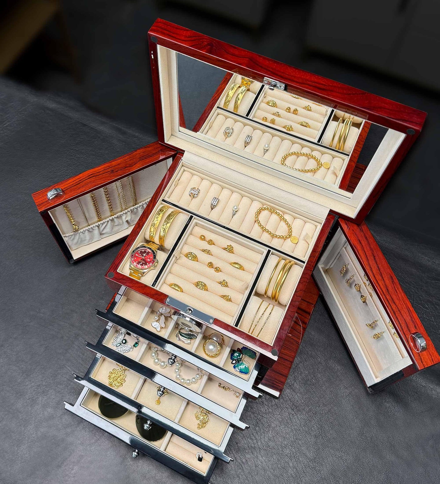 SYENS Jewelry Box Wood Jewel Organizer with Fingerprint Lock Safe, 7-Layer Large Locking Jewelry Storage Box with Necklace Hanger for Women Mens Gift (5L-RS)