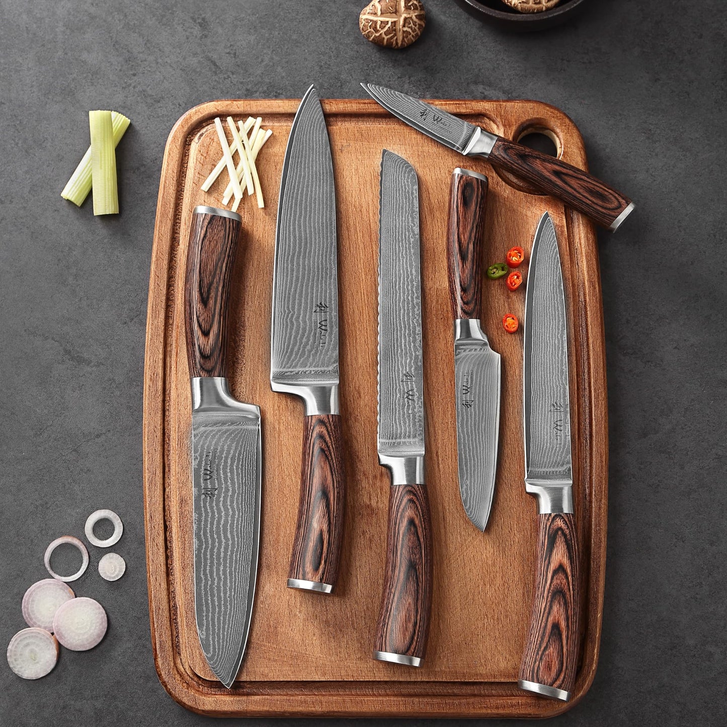 Wakoli EDIB 6-Piece Damascus Knife Set – Professional Chef Knives Set with VG10 Core Blades, 67-Layer Damascus Steel and Ergonomic Pakkawood Handles – Premium Kitchen Knives in Elegant Gift Box
