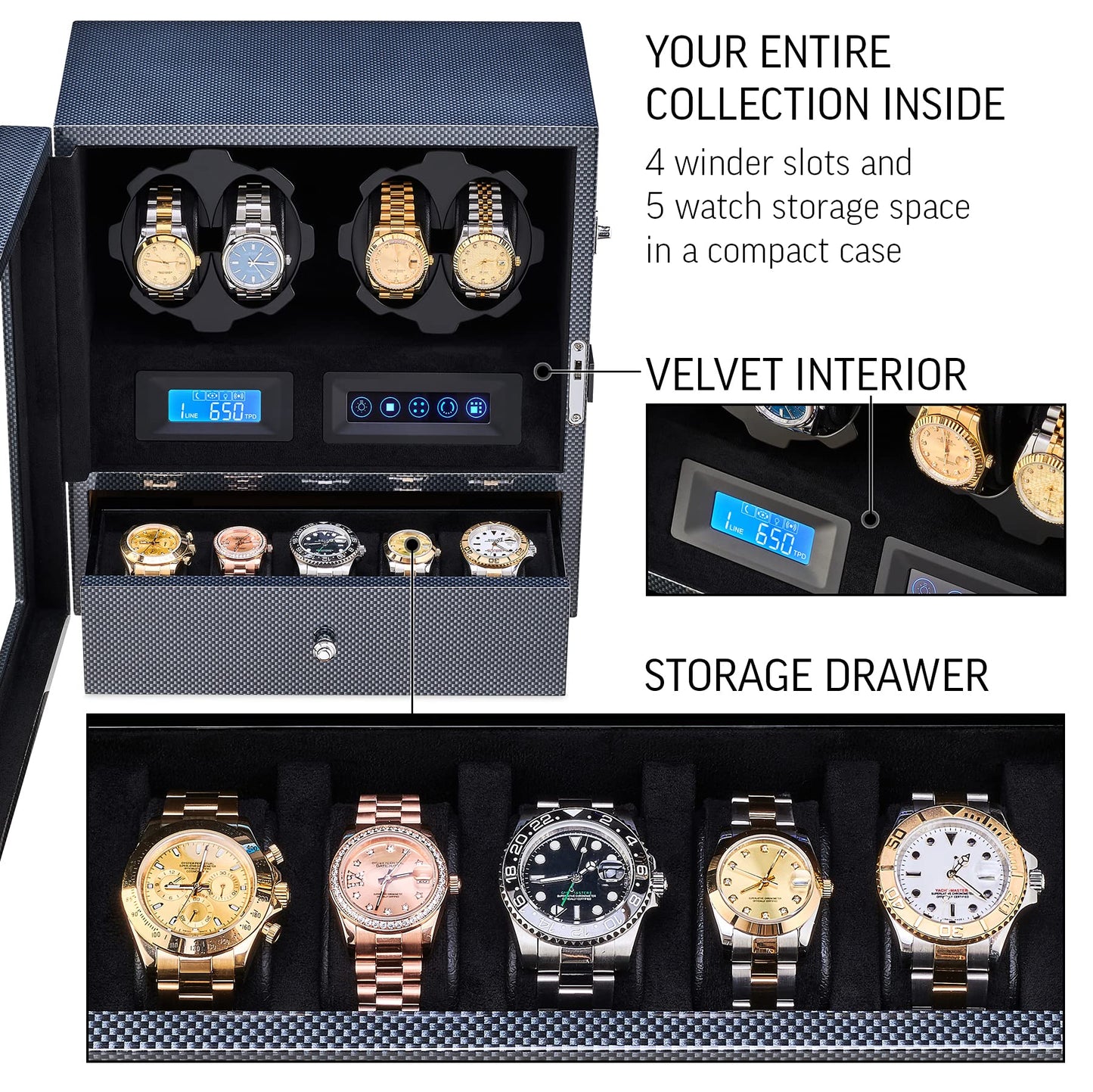 4 Watch Winder with 5 Watch Storage Space, LCD Display, Touch Control and Interior Light (Black + Black)