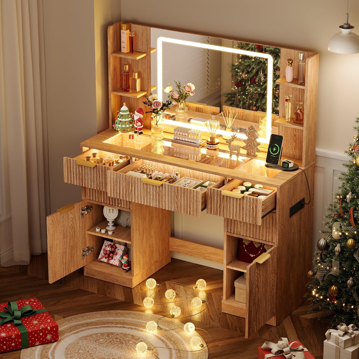 Fkhouse Fluted Vanity Desk with 30.2" Mirror and Lights, Glass Top Makeup Vanity with Desktop Light Strips, 5 Drawers, 2 Cabinet & 6 Open Shelves, Power Outlet, Lighting Adjustable,Natural